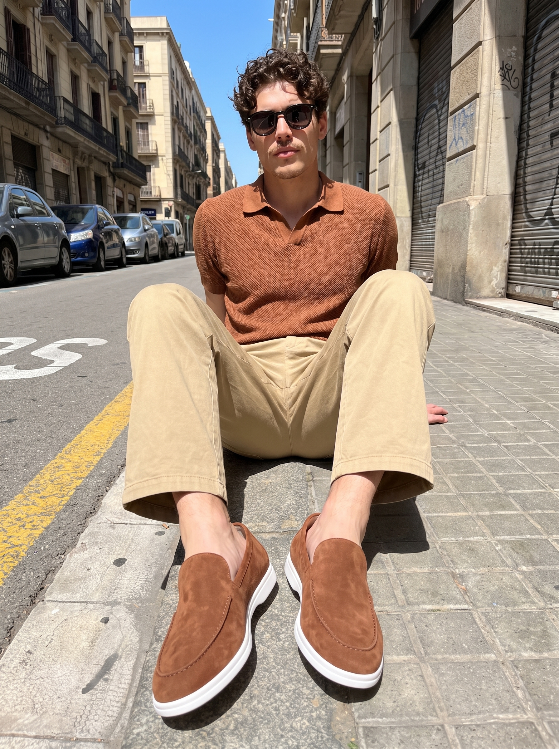 Bellagio loafer in Cinnamon Brown suede on a sunlit kerb