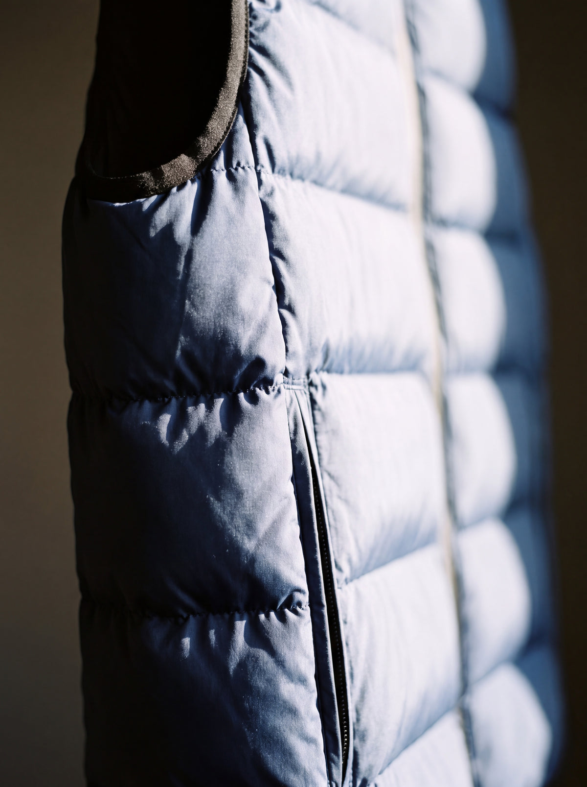Close detail of the fine-gauge quilting stitch lines on the Francesco Bellani Lombardia gilet
