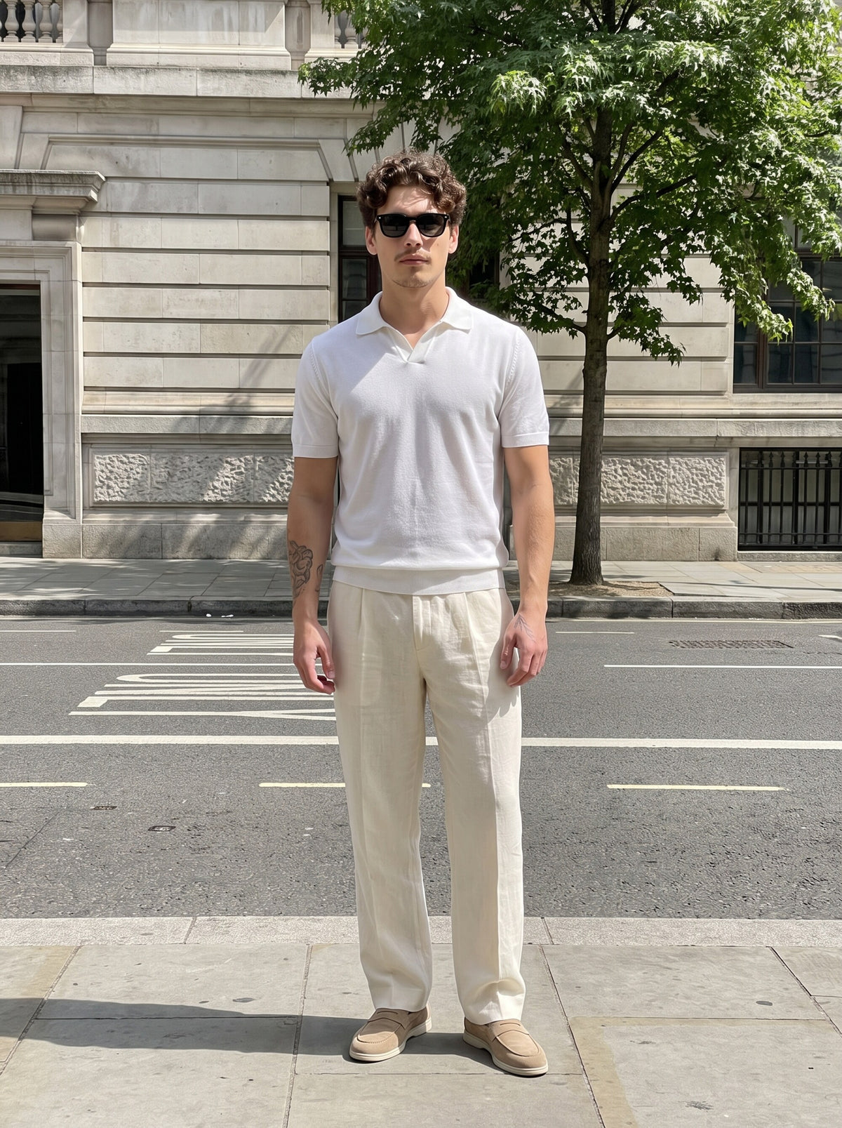 Silk white cashmere polo, cream linen trousers and linen beige suede loafers