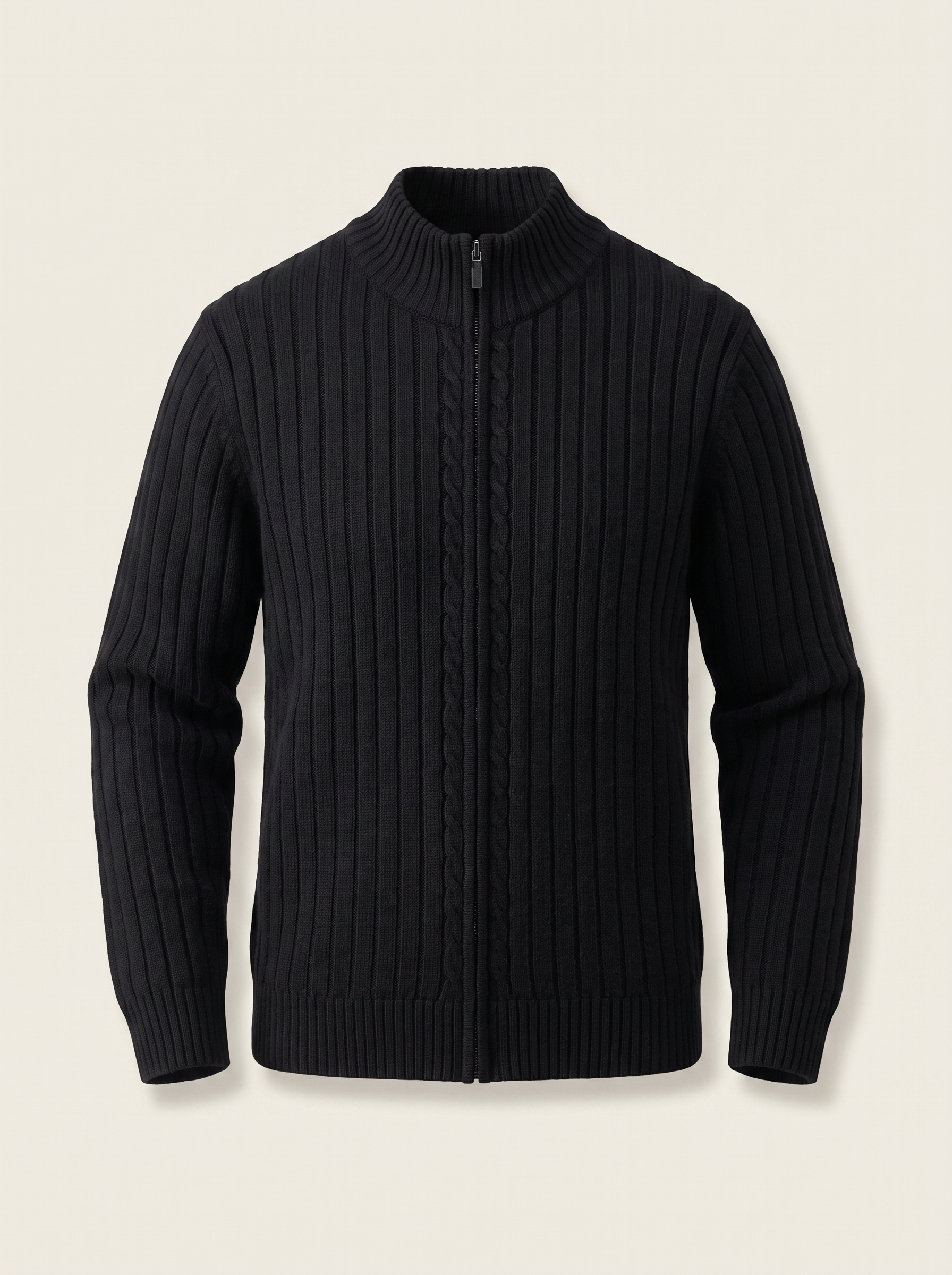 Francesco Bellani Aosta cable-knit zip in Midnight Black — studio packshot