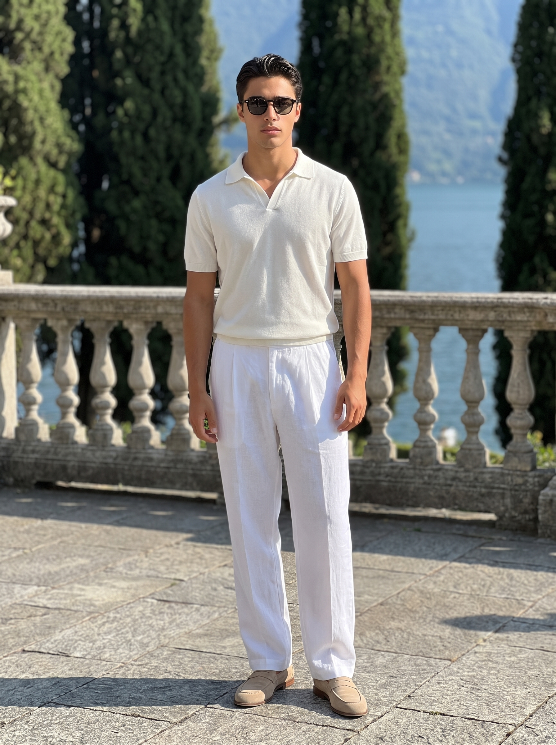 Portofino linen trouser worn on a stone terrace above the lake