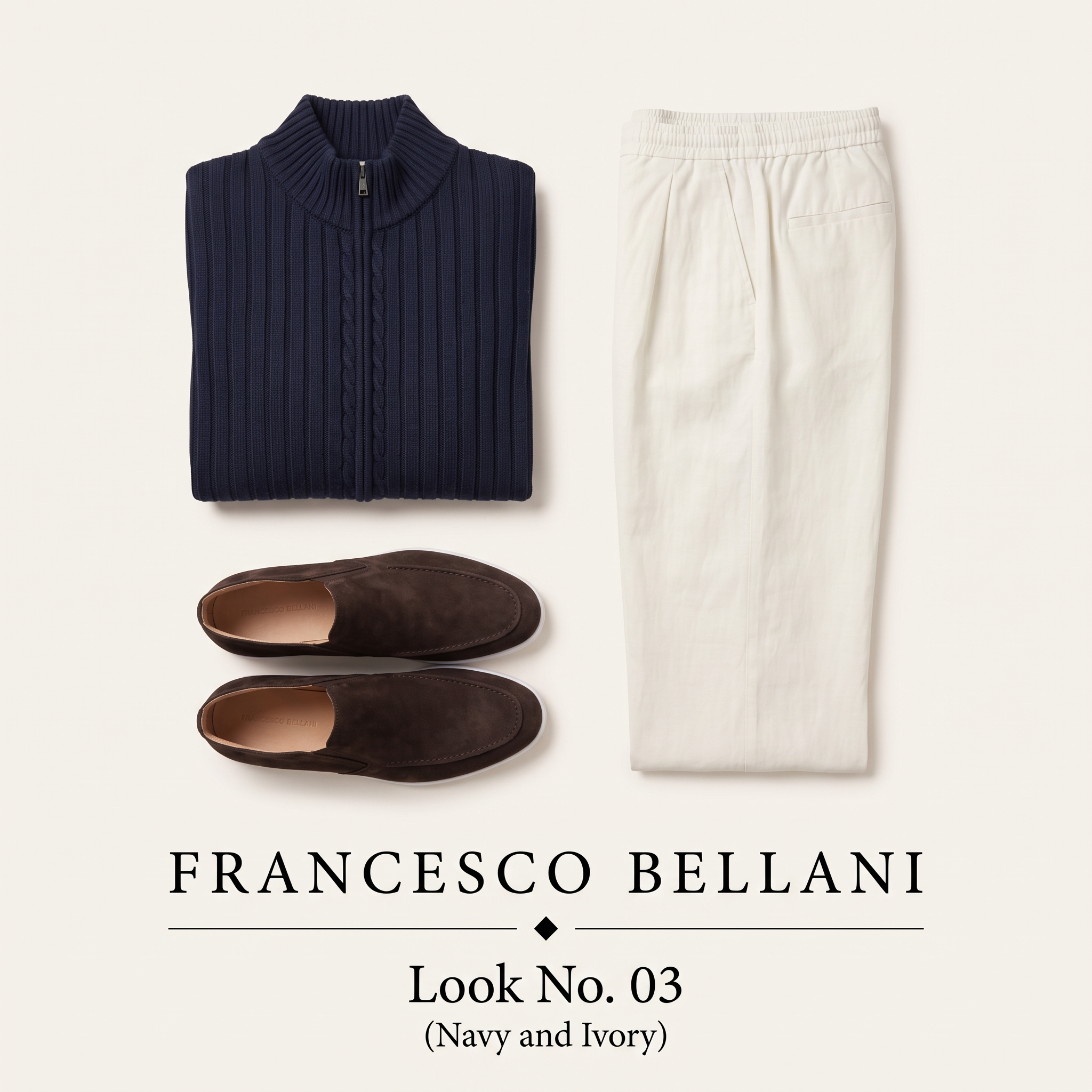 Look No. 03 Navy and Ivory flat lay: navy cable-knit zip, ivory linen trousers and ebony brown suede loafers