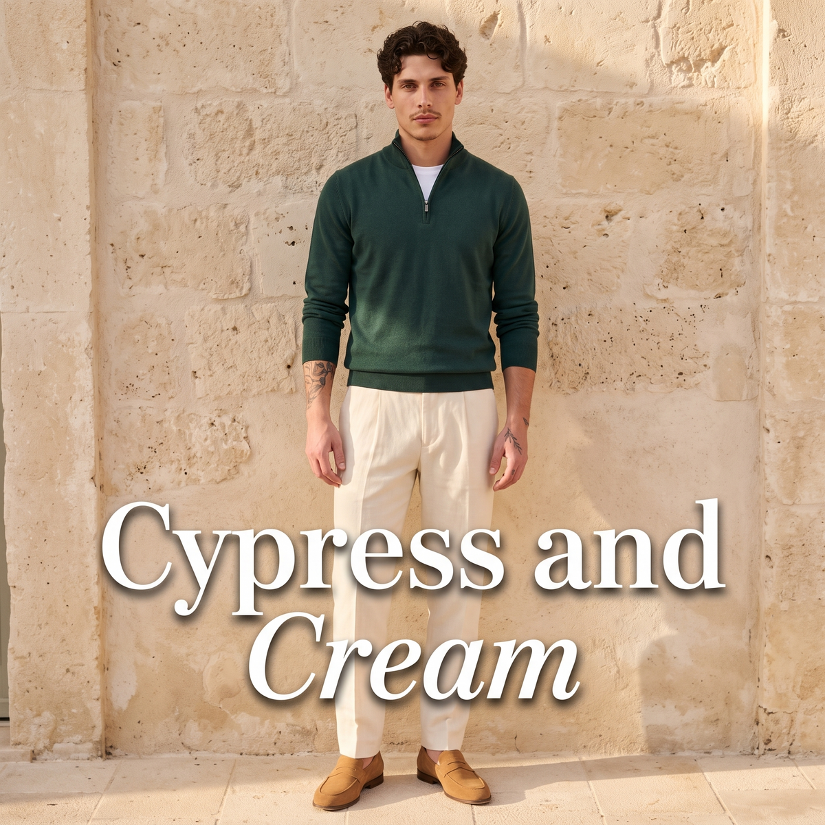 Look No. 01 worn: cypress green quarter-zip with cream trousers and camel suede loafers