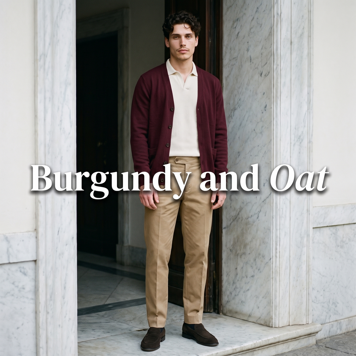 Look No. 04 worn: burgundy cardigan over oatmeal polo with khaki trousers in a marble doorway