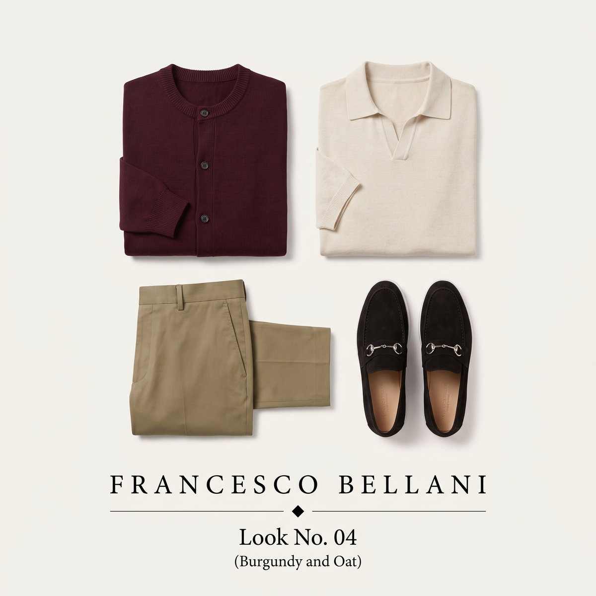 Look No. 04 Burgundy and Oat flat lay: burgundy cardigan, oatmeal polo, khaki trousers and suede loafers