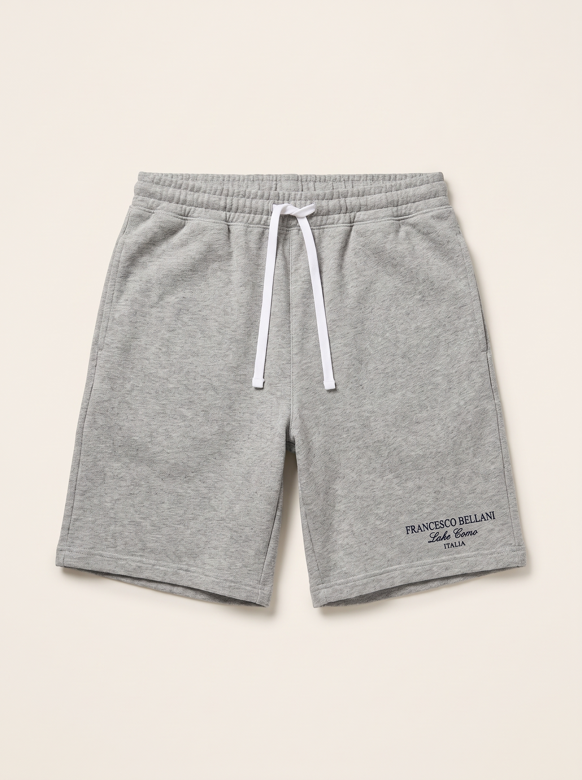 Men's loopback cotton jersey shorts in grey marl with a white drawcord and printed mark at the left leg — Francesco Bellani Laglio