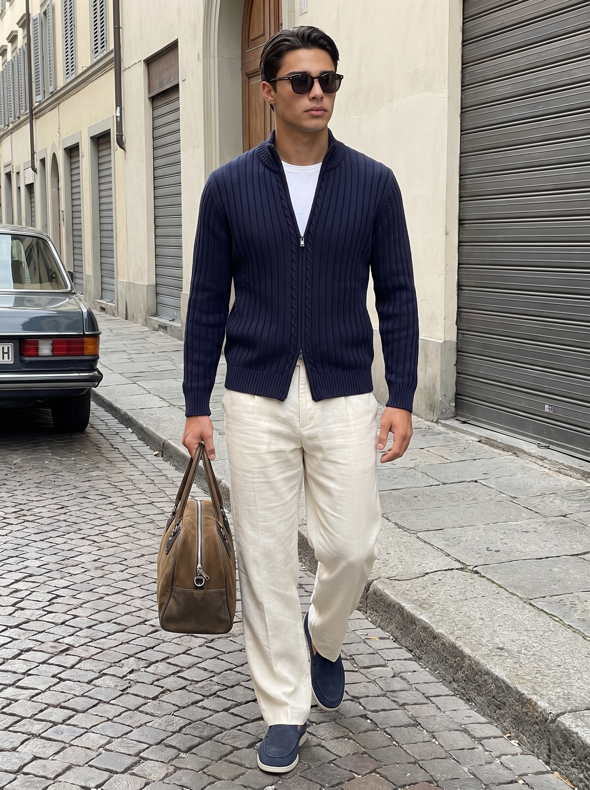 Aosta cable-knit zip in Navy Blue on a cobbled European street