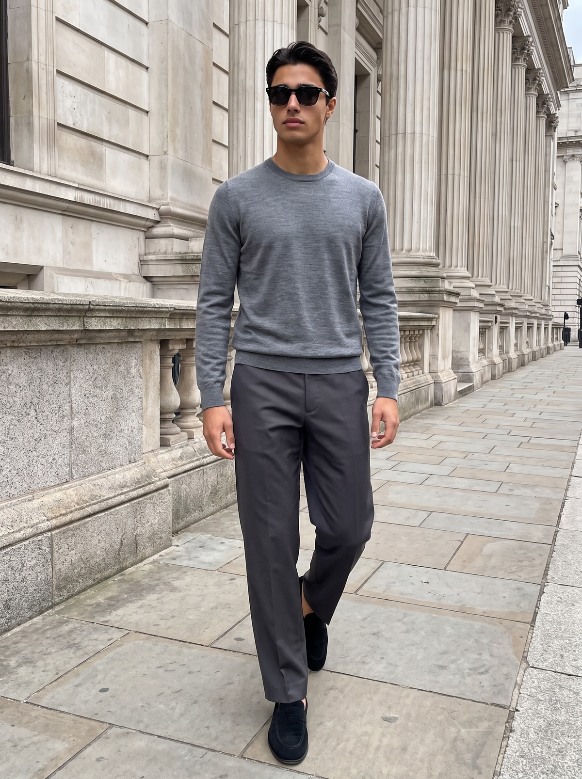 Camogli trouser in Dark Grey in movement along a city pavement