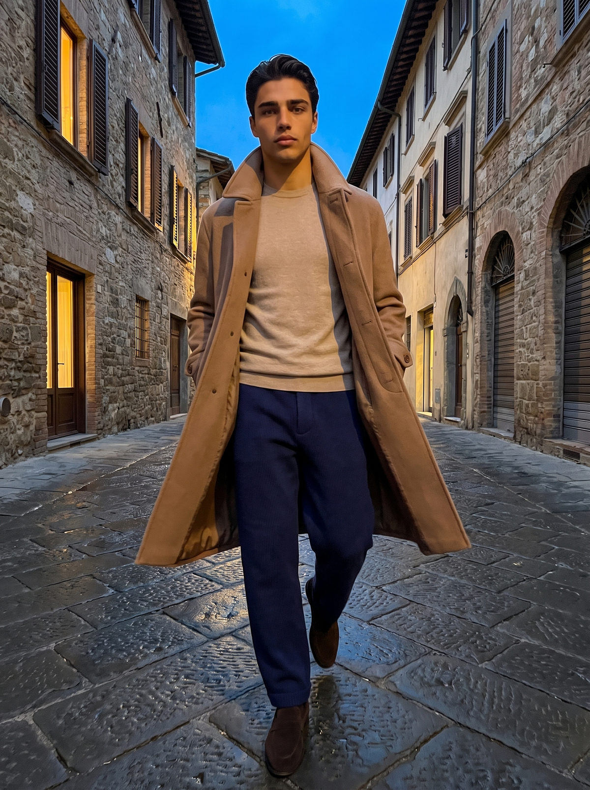 Stresa long coat in Camel on a cobbled street at dusk