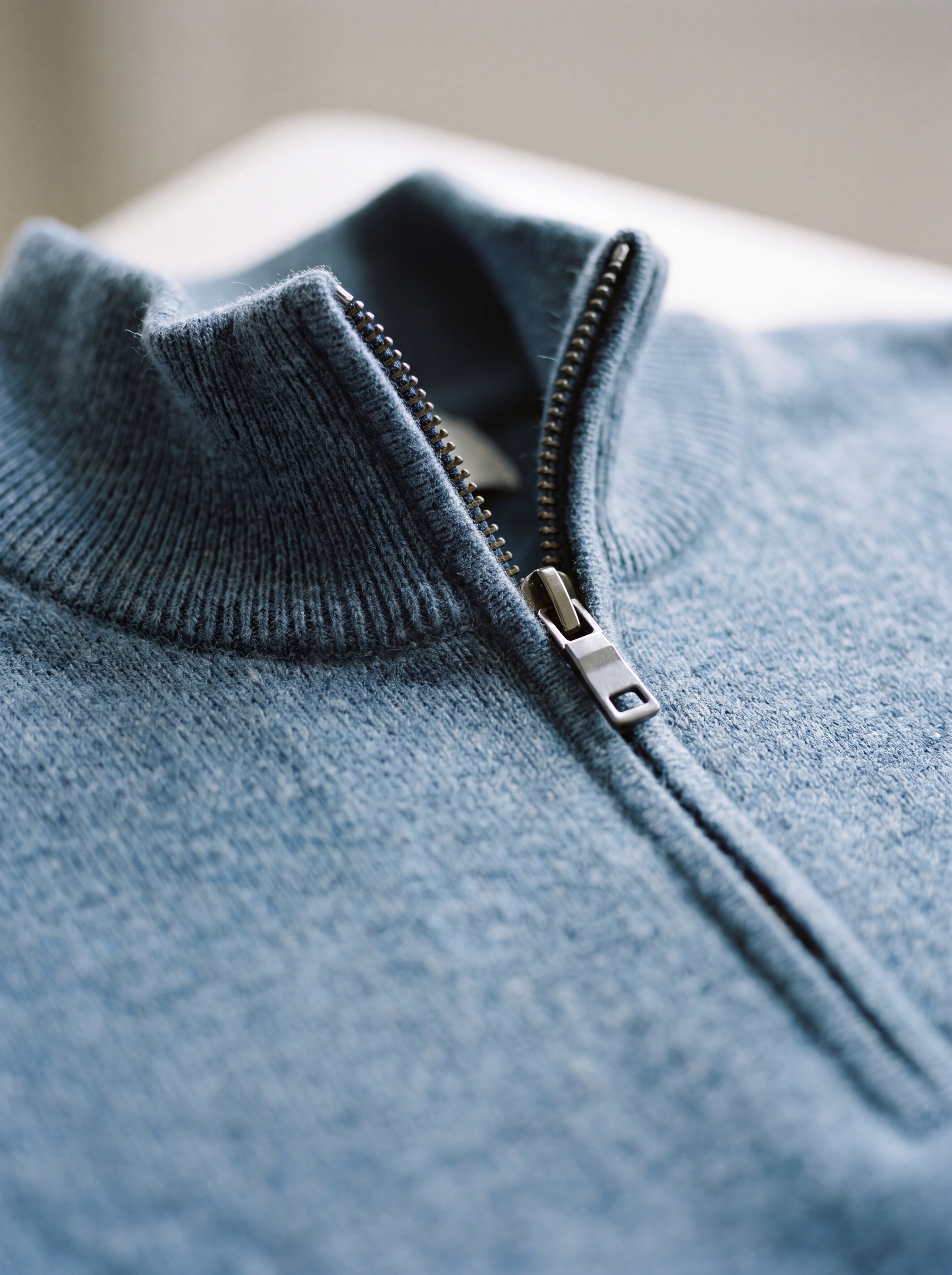 Close detail of the standing collar and quarter zip on the Francesco Bellani Como wool pullover