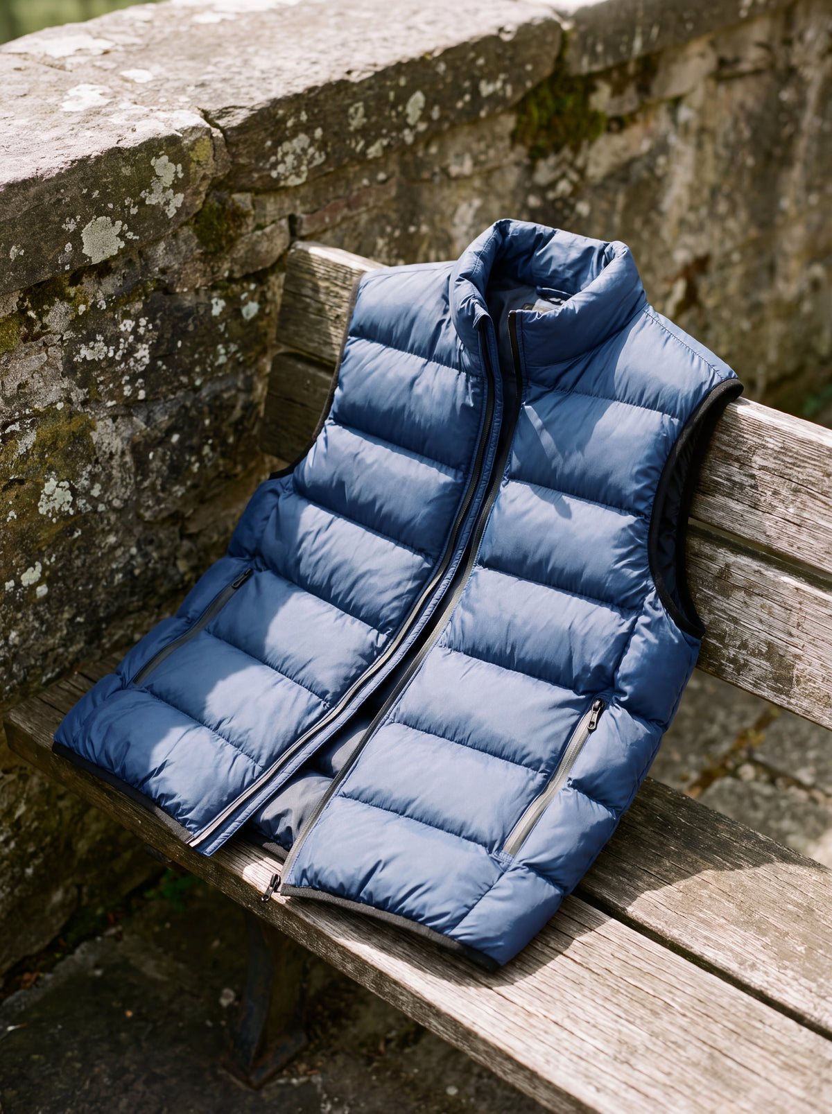 Francesco Bellani Lombardia quilted gilet laid open across a weathered wooden bench