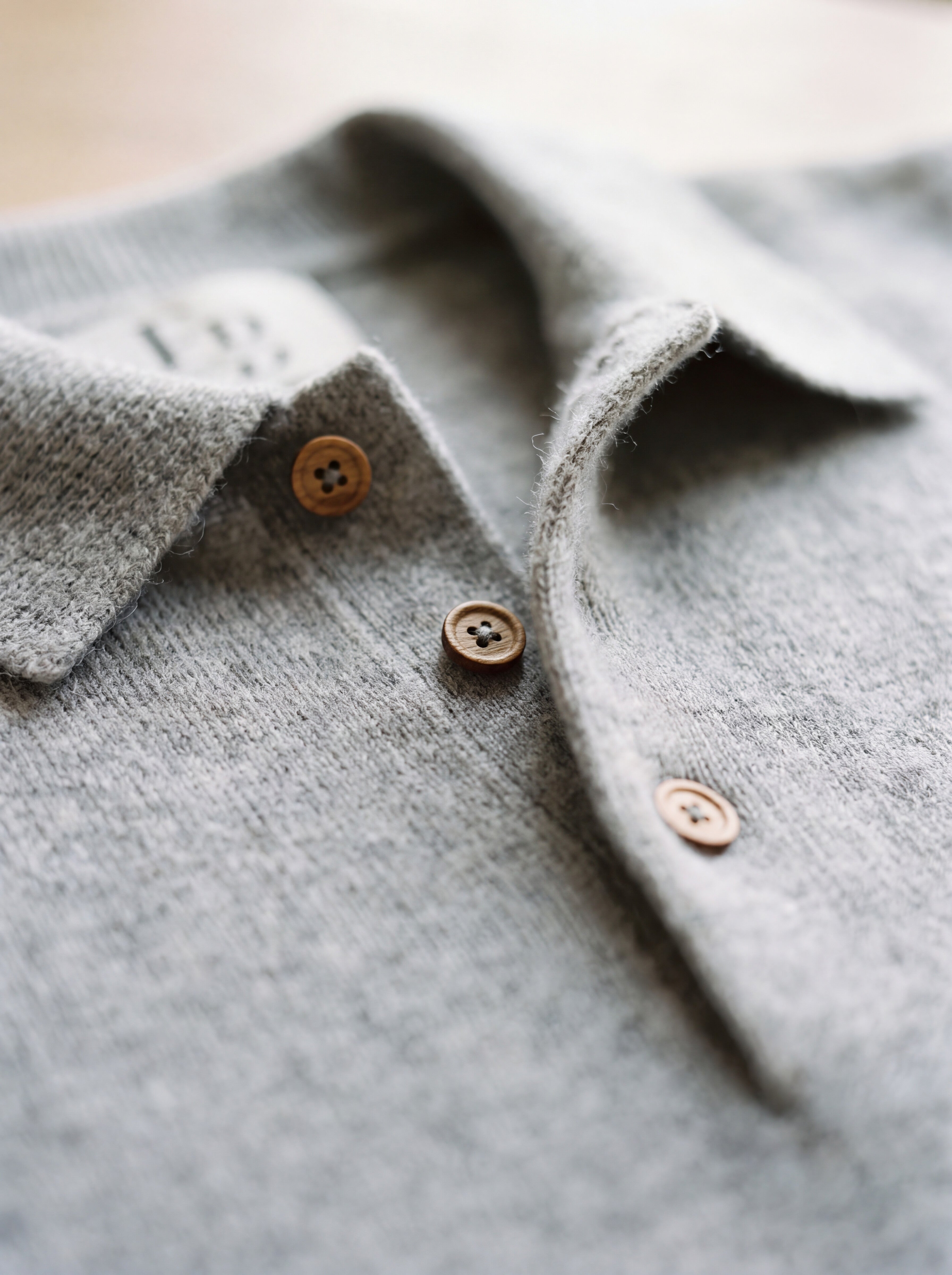 Close detail of the open collar and hand-finished wooden buttons on the Francesco Bellani Brera cashmere polo