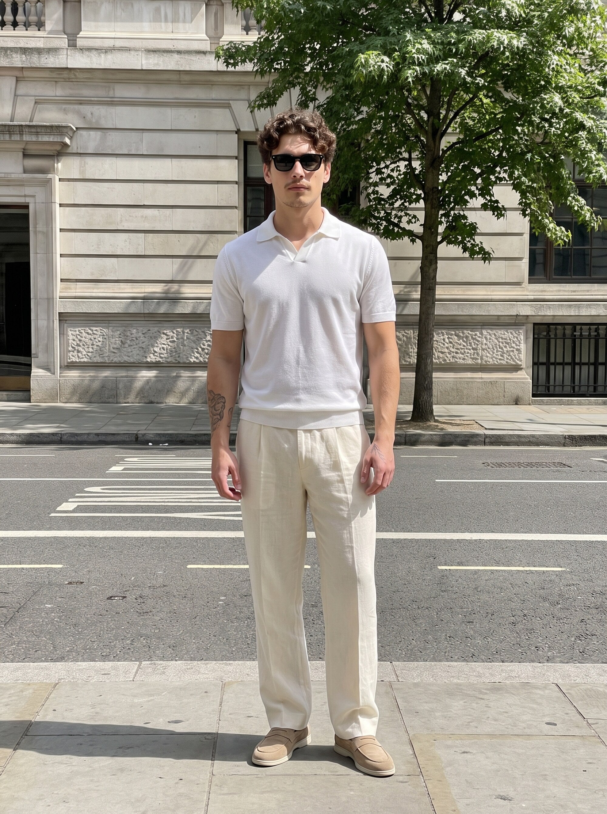 Silk white cashmere polo, cream linen trousers and linen beige suede loafers
