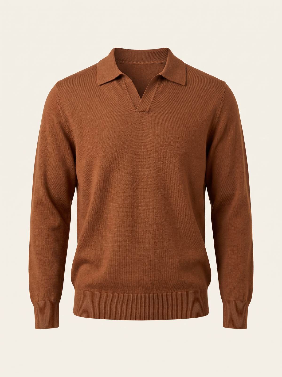 Francesco Bellani Solferino knitted polo in Cinnamon Brown — studio packshot