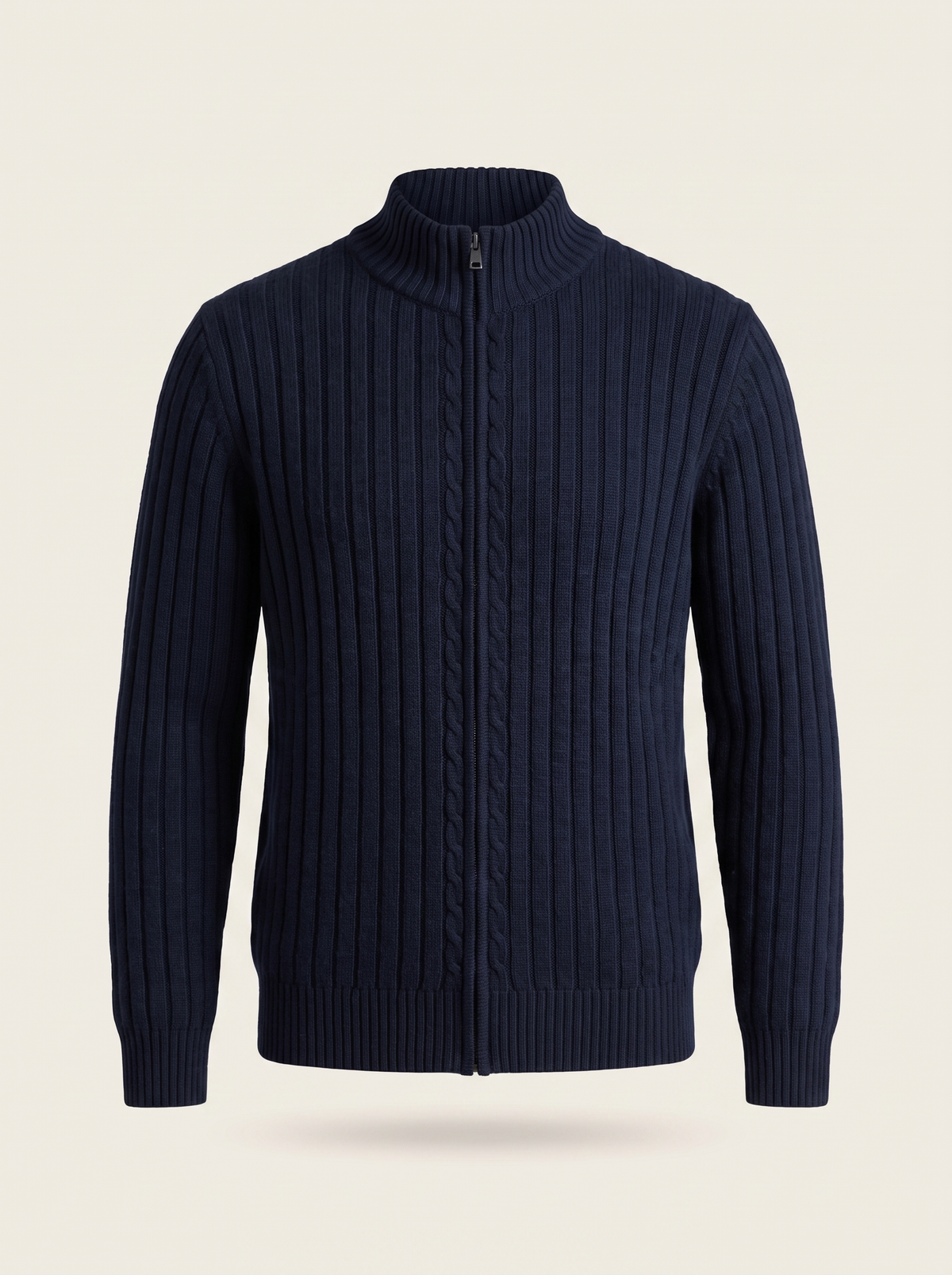 Francesco Bellani Aosta cable-knit zip in Navy — studio packshot