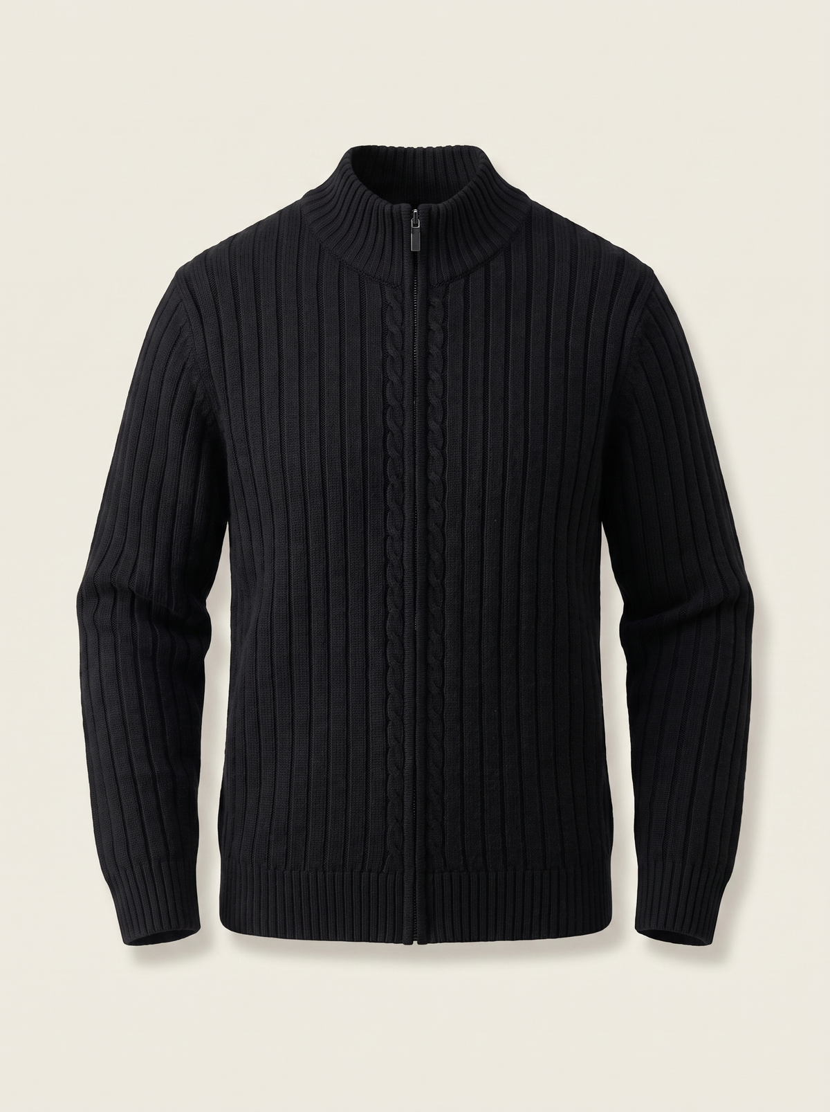 Francesco Bellani Aosta cable-knit zip in Midnight Black — studio packshot
