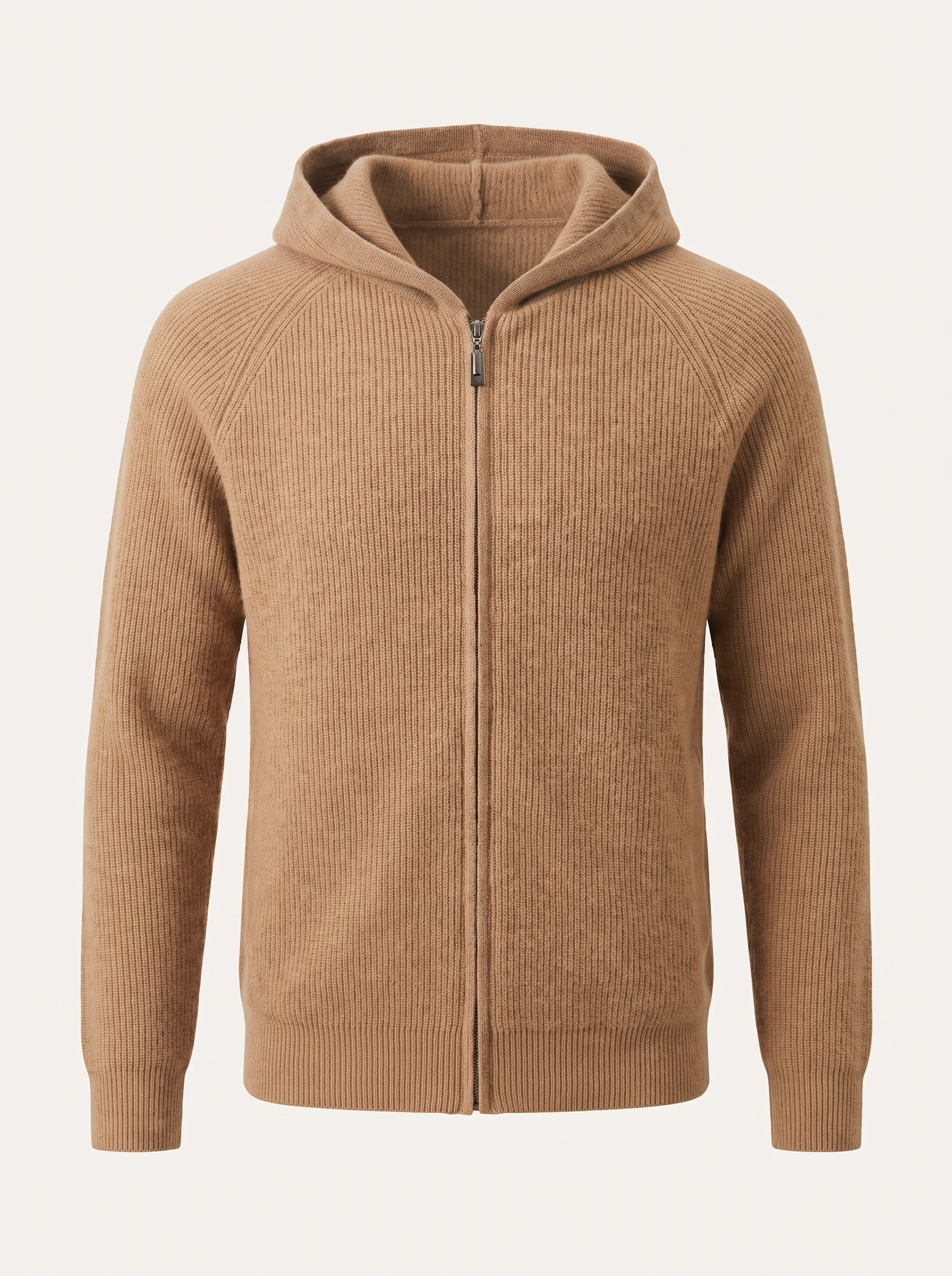 Francesco Bellani Sestriere hooded knit in Camel — studio packshot