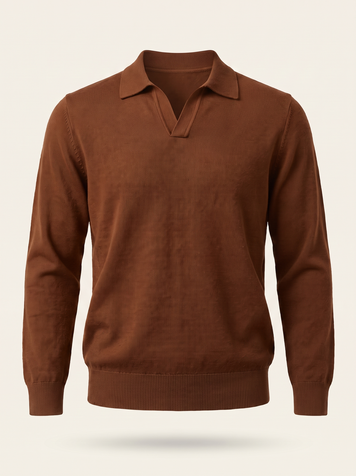 Francesco Bellani Solferino knitted polo in Cinnamon Brown — studio packshot