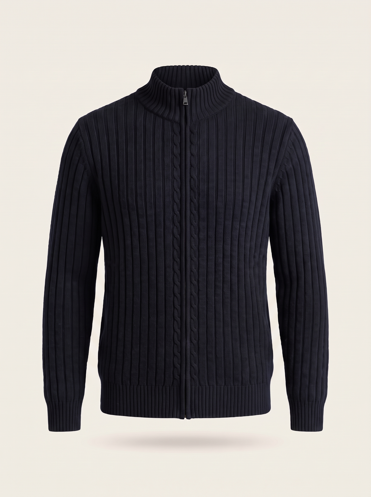 Men's wool cable-knit zip-through in midnight black — Francesco Bellani Aosta, studio packshot