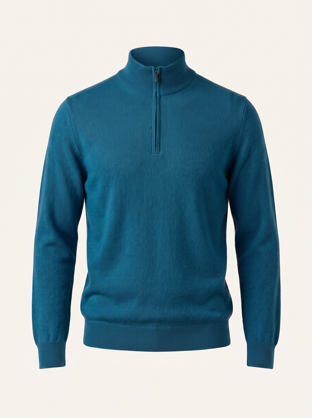 Men's wool quarter-zip pullover in dark cyan — Francesco Bellani Como, studio packshot