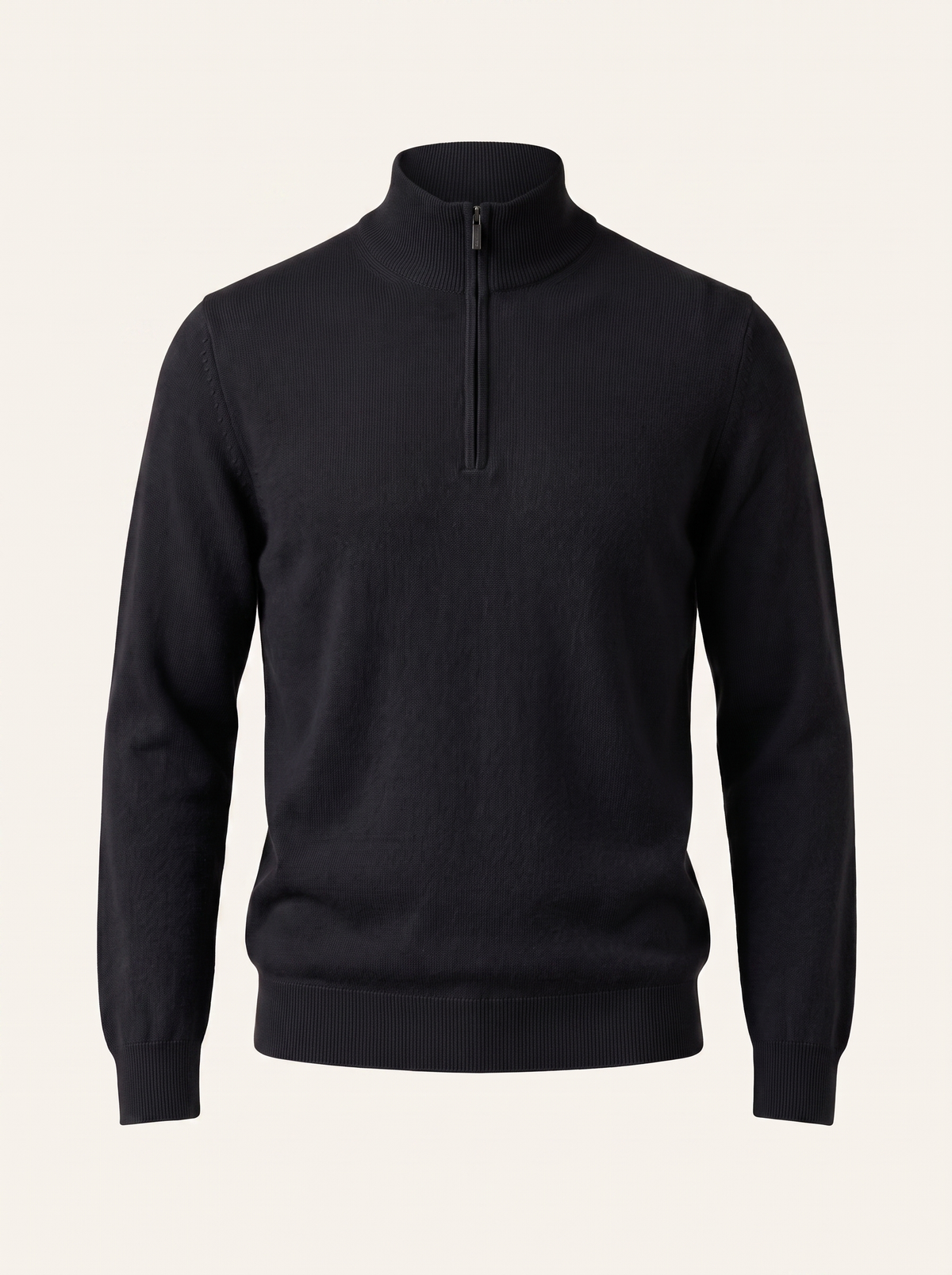 Men's wool quarter-zip pullover in black — Francesco Bellani Como, studio packshot