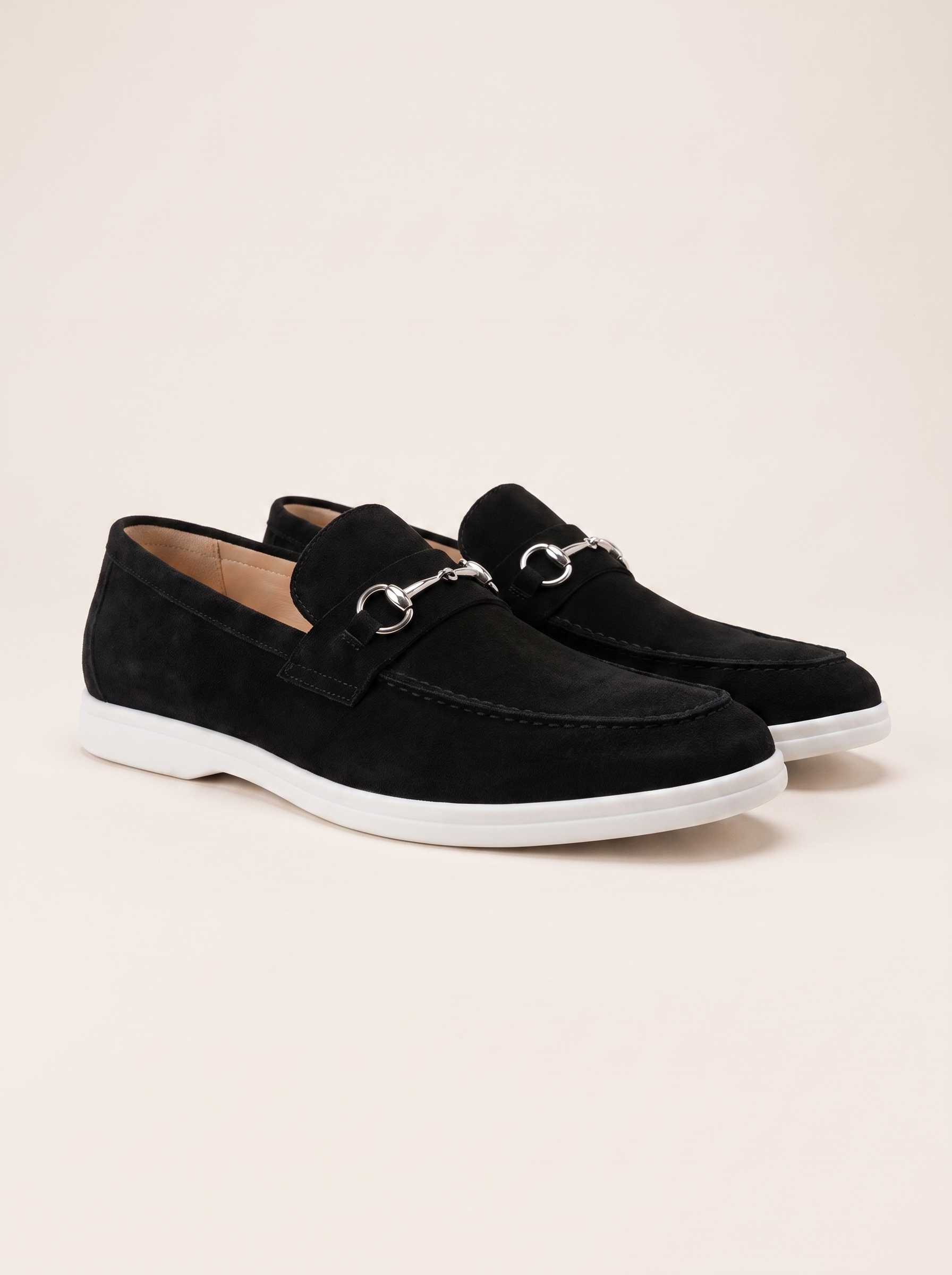 Francesco Bellani Cernobbio loafer in black suede with a polished silver bar across the vamp — studio packshot