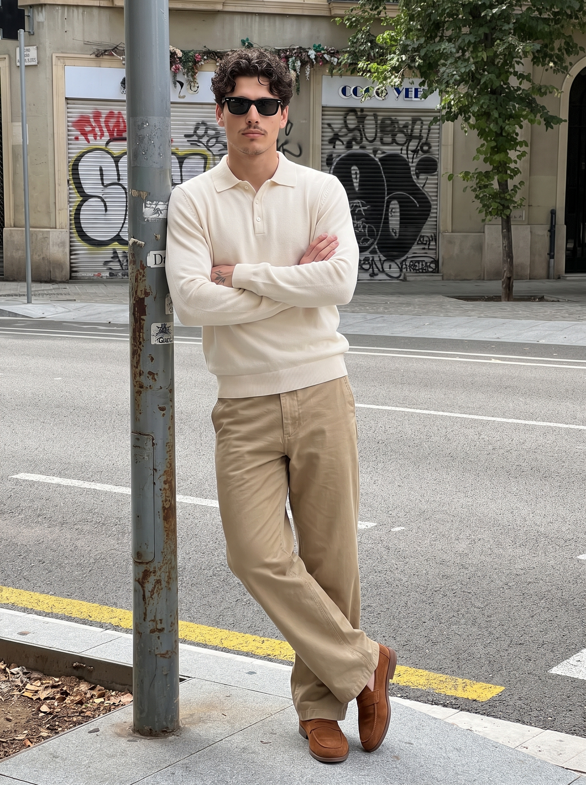 Man wearing a silk white cashmere polo with khaki trousers at a kerbside — Francesco Bellani Brera