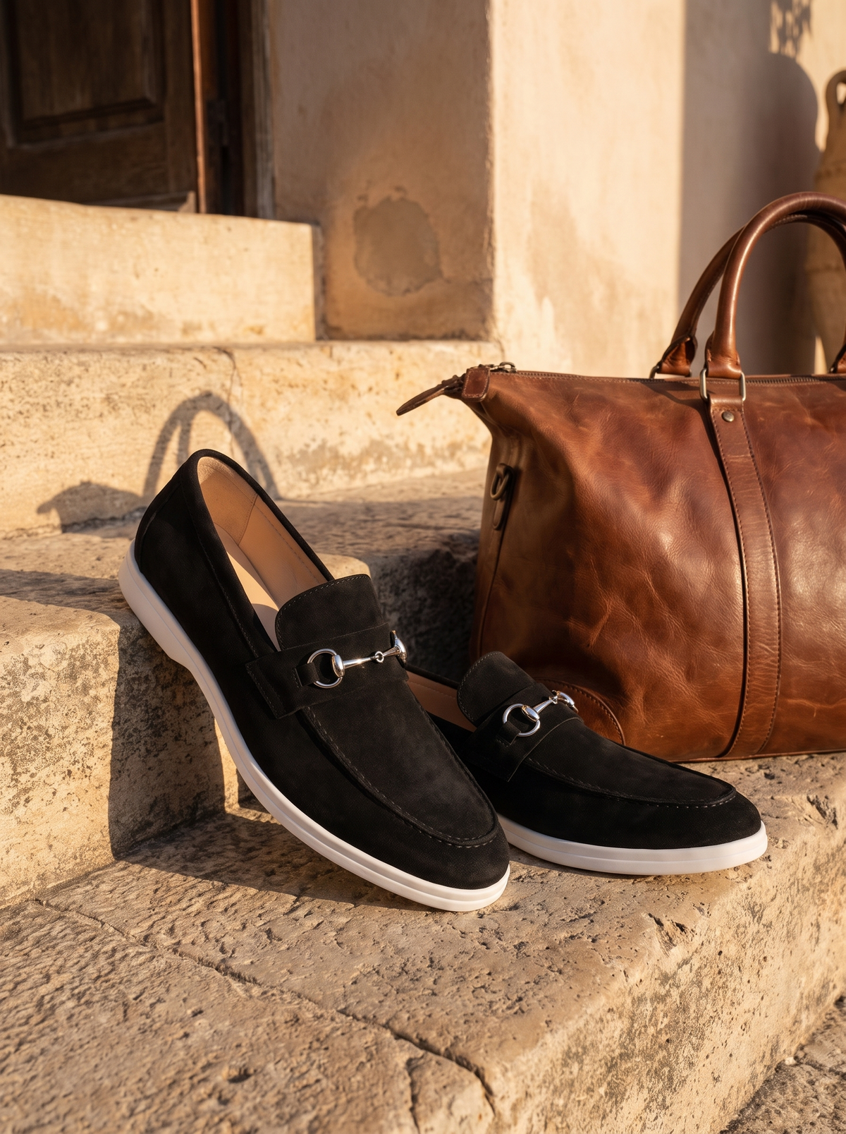 Cernobbio loafer in black suede on stone steps beside a leather holdall