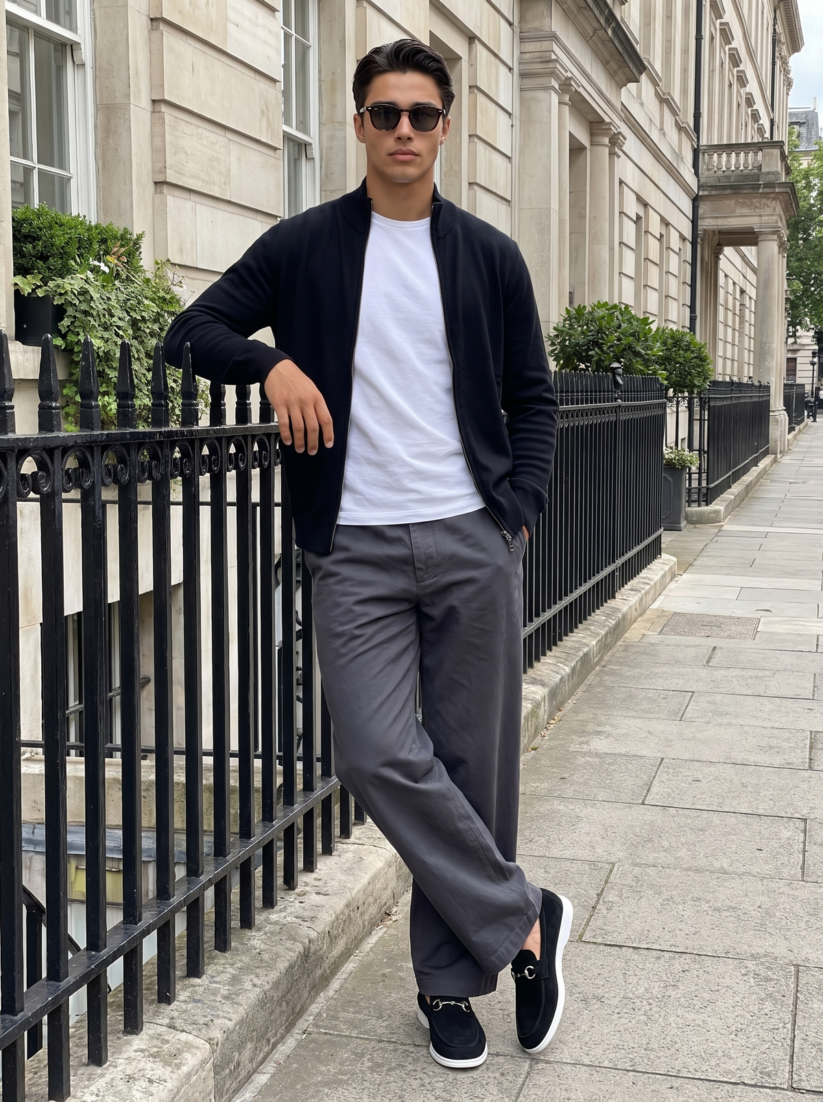 Cernobbio loafer in black suede worn against city railings