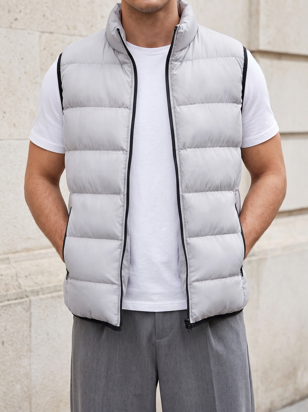 Fine-gauge quilting and zip detail on a cloud grey gilet — Francesco Bellani Lombardia