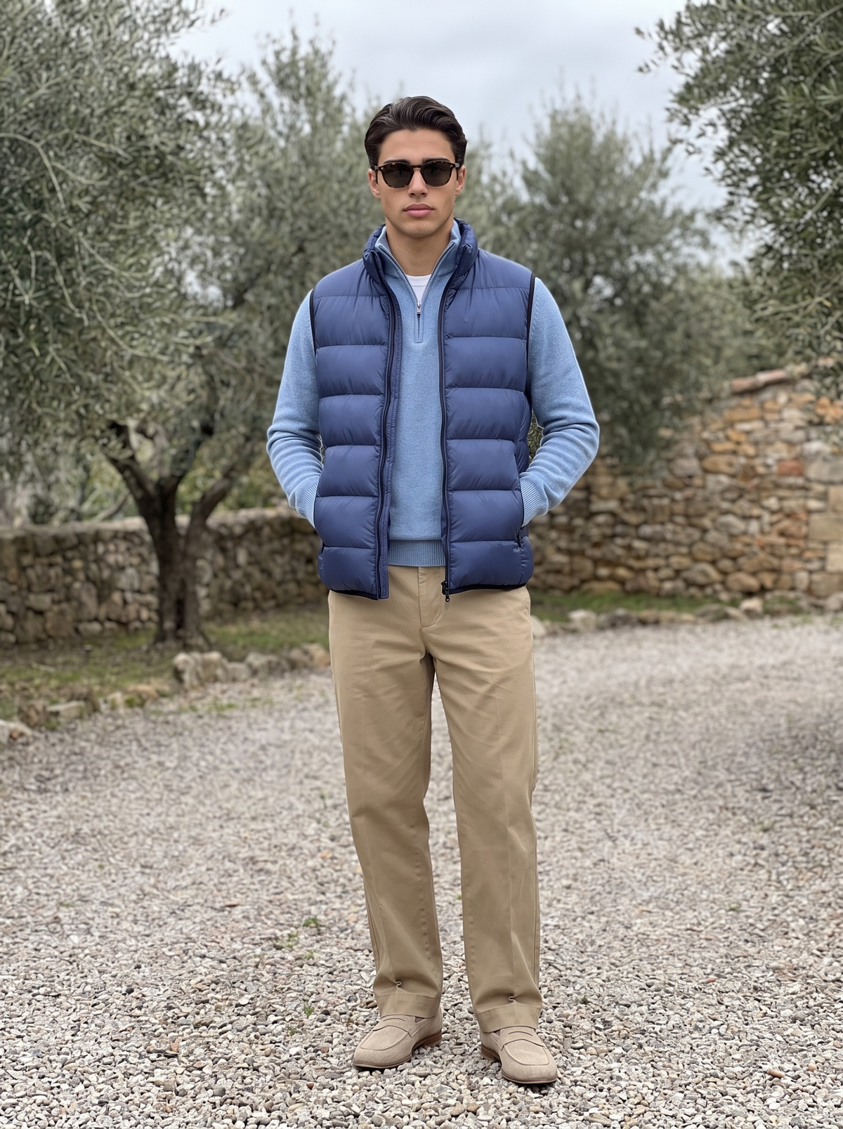 Man wearing a navy blue quilted gilet over a light blue quarter-zip on a gravel drive — Francesco Bellani Lombardia