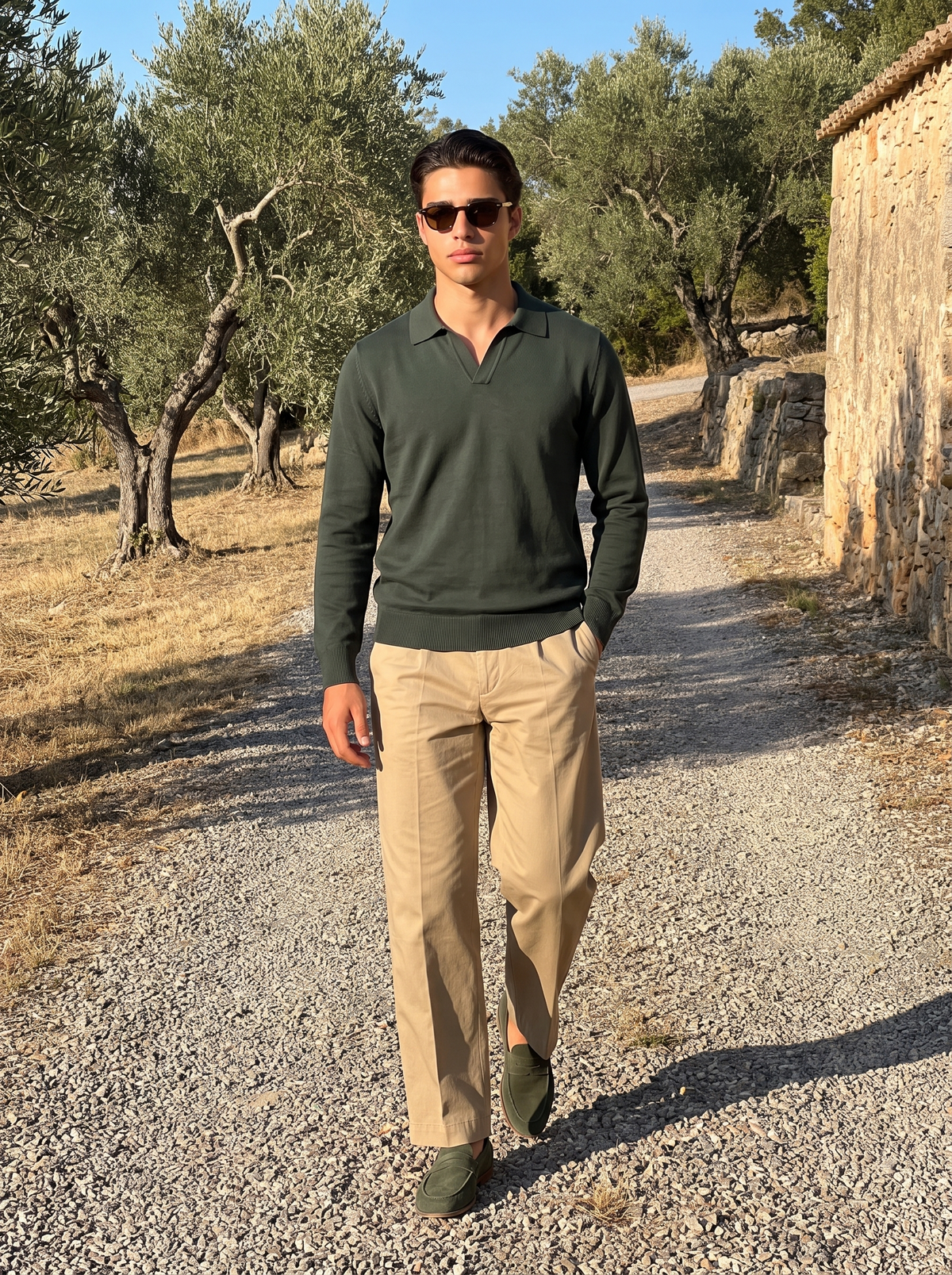 Man wearing a cypress green knitted polo on a gravel drive between olive trees — Francesco Bellani Solferino