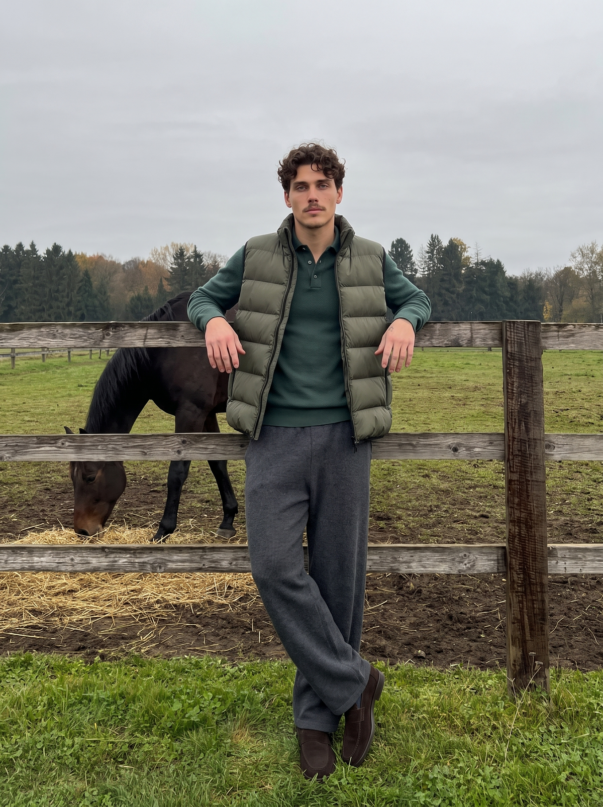 Man wearing a military green quilted gilet at a paddock fence — Francesco Bellani Lombardia