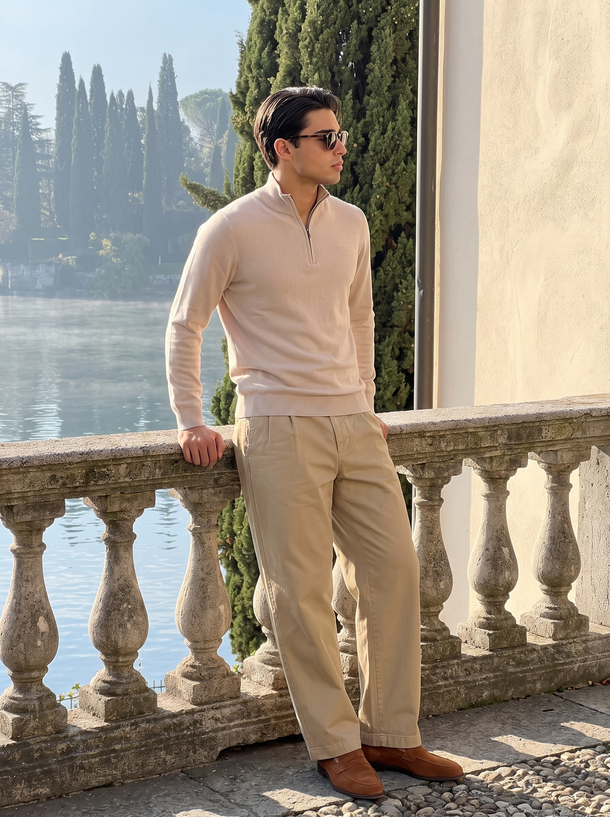 Man wearing a beige wool quarter-zip at a stone balustrade above Lake Como — Francesco Bellani Como