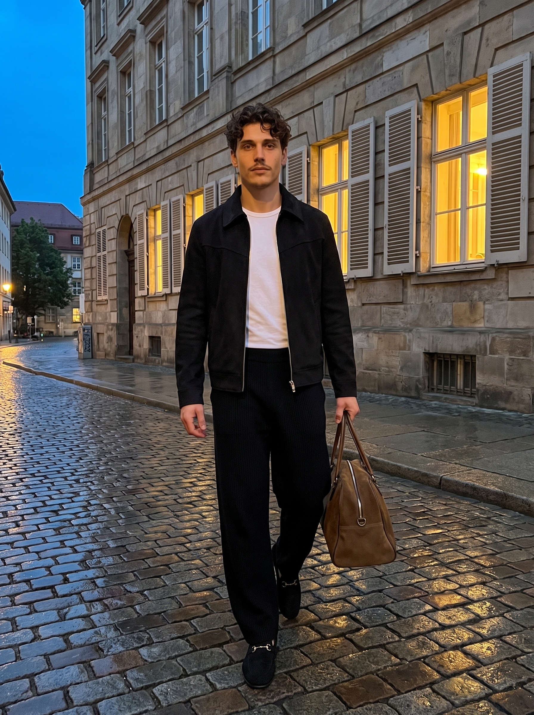 Bergamo wool blouson in Midnight Black, worn at dusk with a leather holdall
