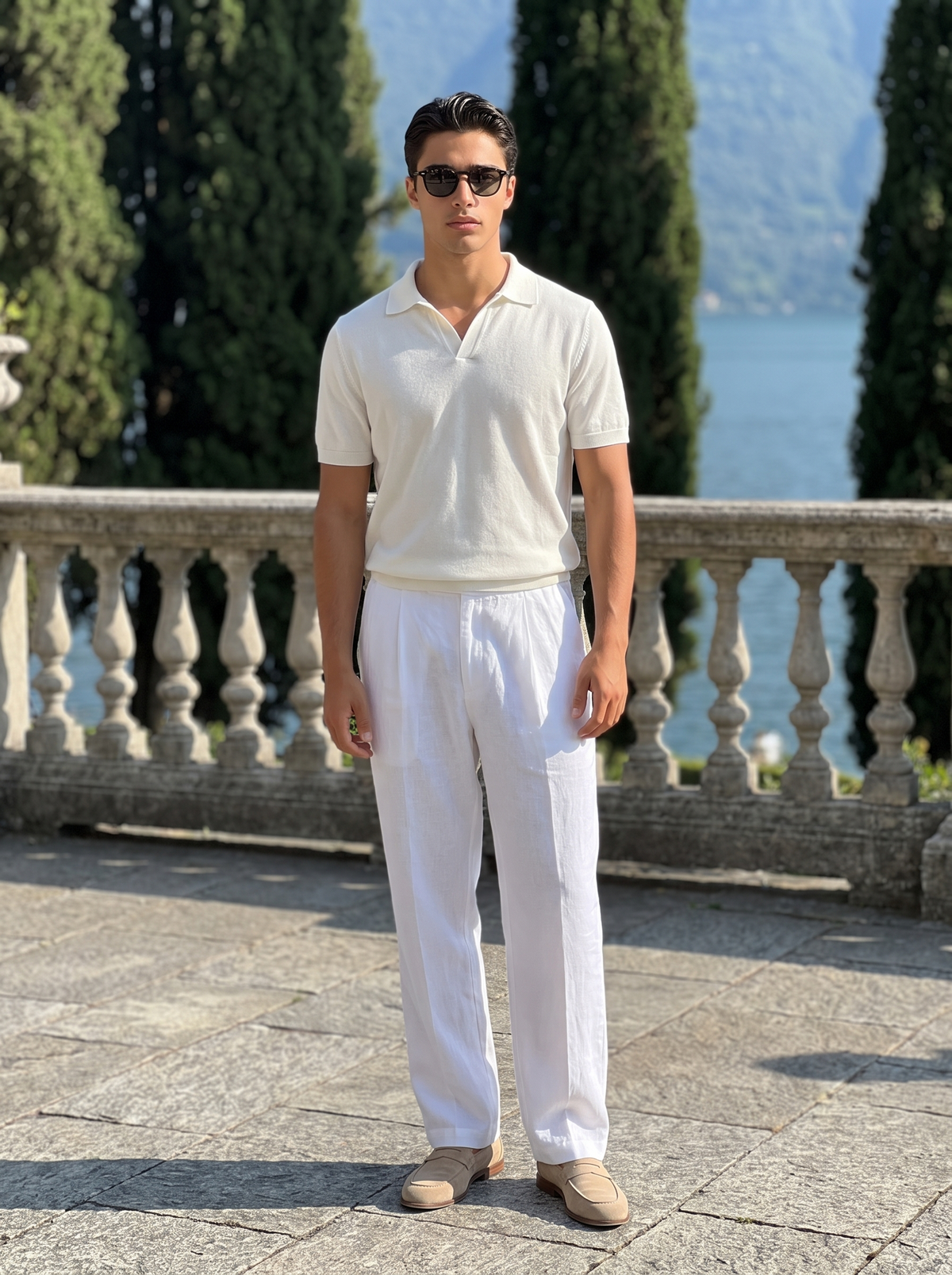 Portofino linen trouser worn on a stone terrace above the lake