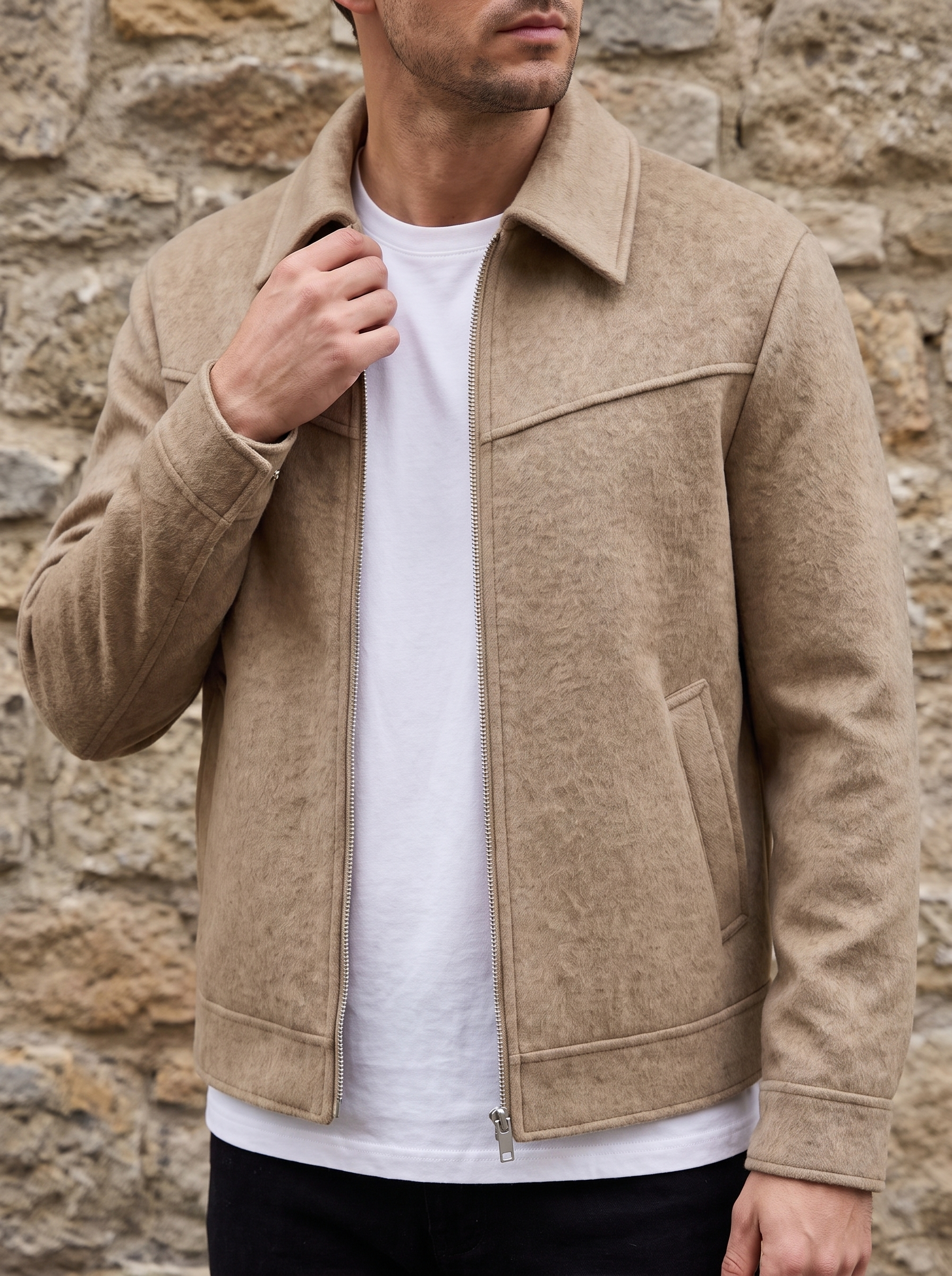 Bergamo wool blouson in Khaki, collar and zip detail