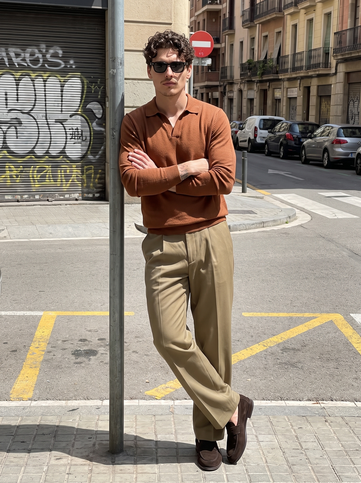 Man wearing khaki cotton and linen trousers at a kerbside in midday sun — Francesco Bellani Camogli