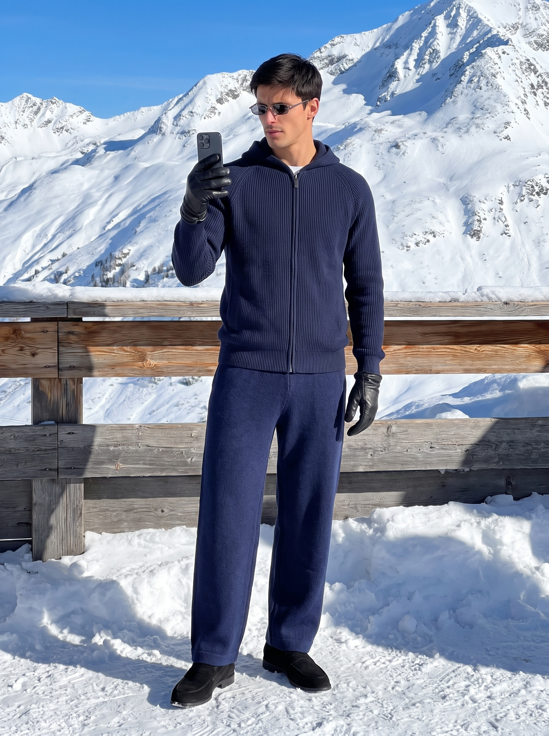Sestriere hooded knit in Navy Blue, worn in alpine snow