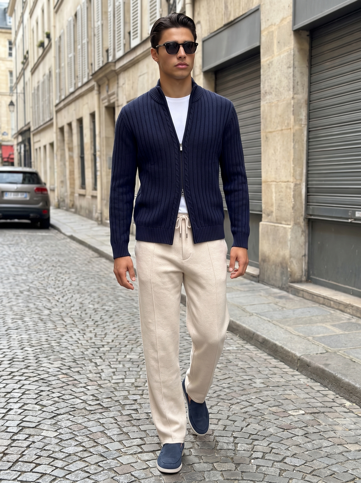 Menaggio knit trouser in Deep Indigo, worn on a cobbled European street