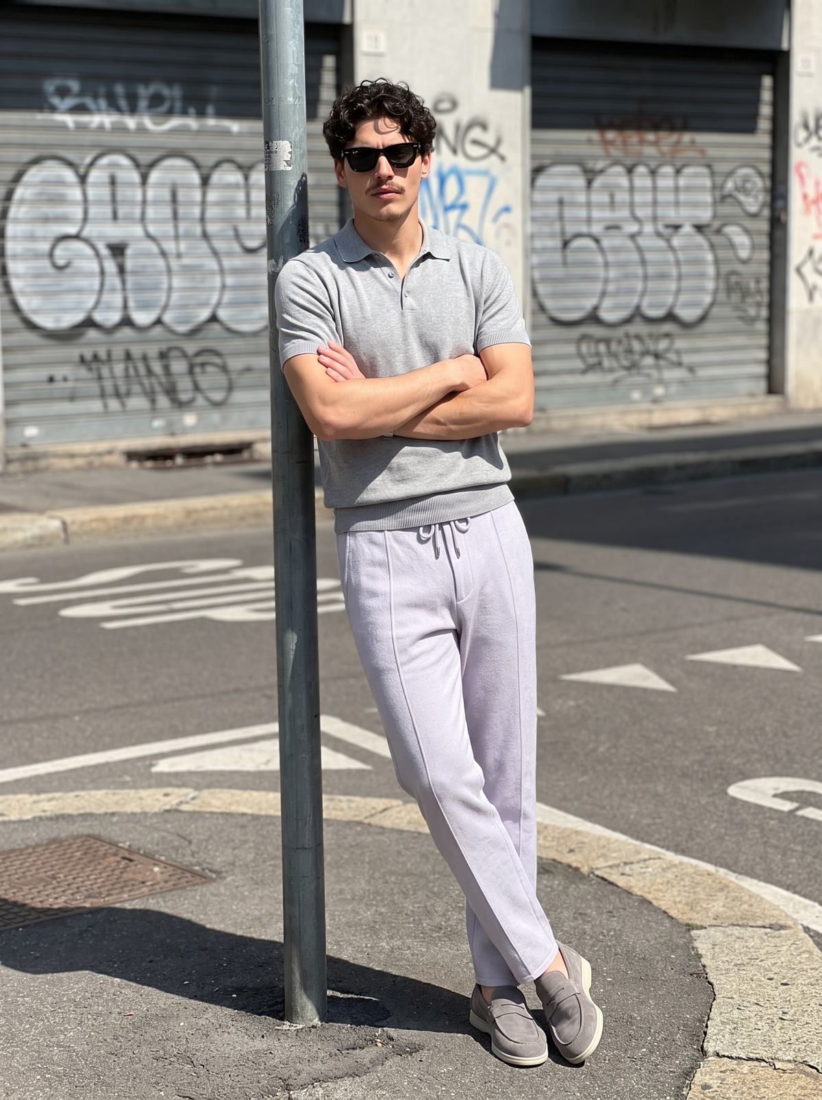 Menaggio knit trouser in French Grey, worn at a kerbside in midday sun
