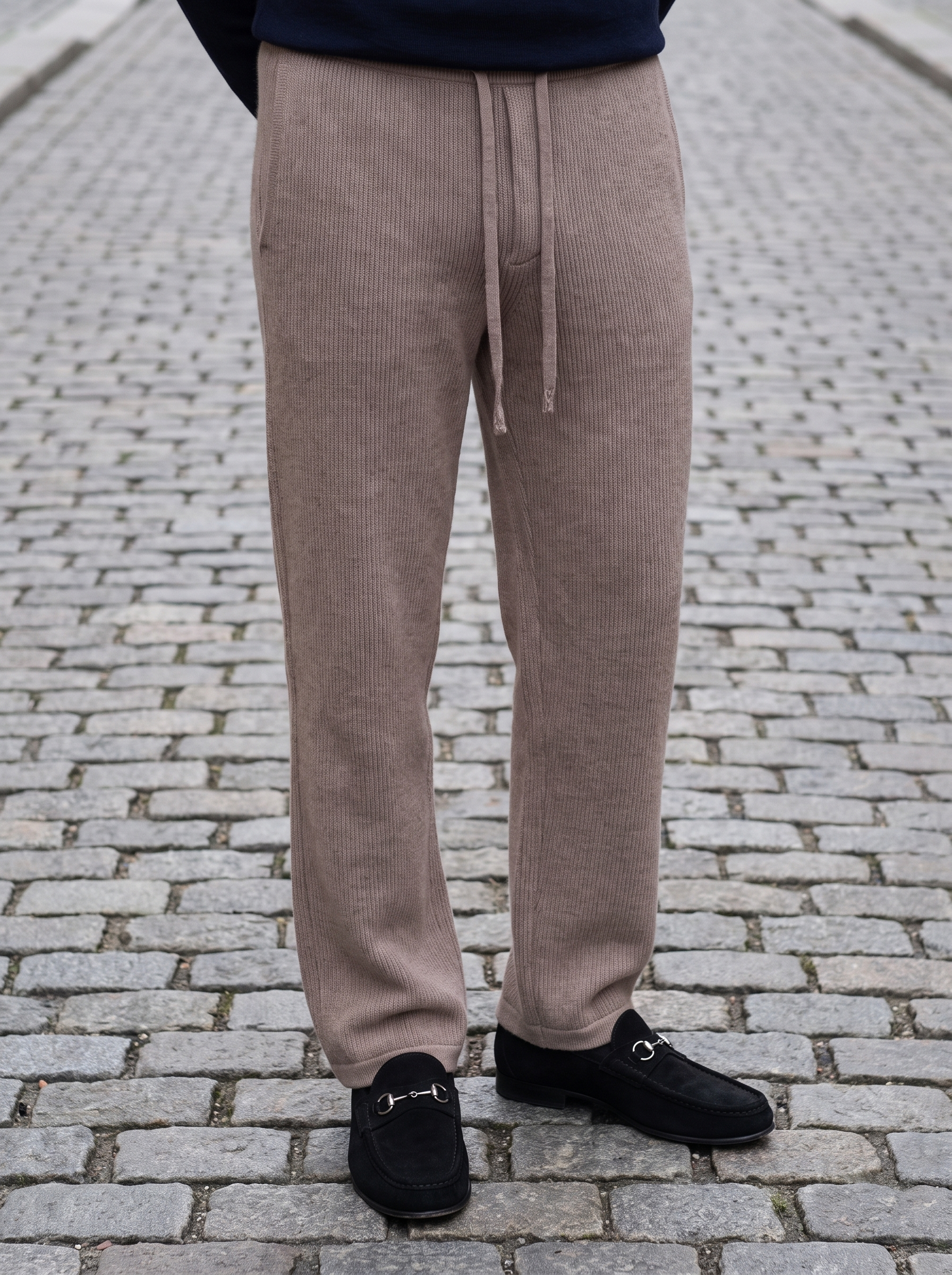 Menaggio knit trouser in Plum, drawstring waist and drape detail
