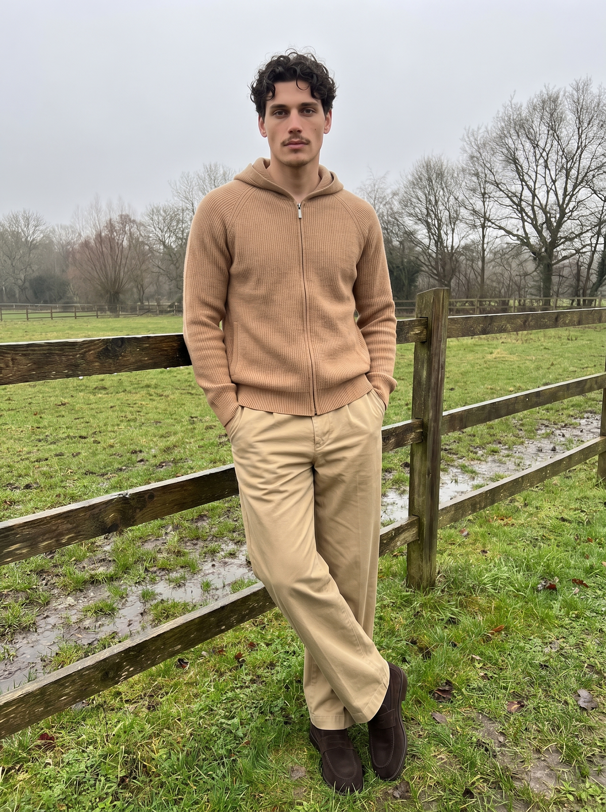 Sestriere hooded knit in Camel, worn at a fence in open countryside
