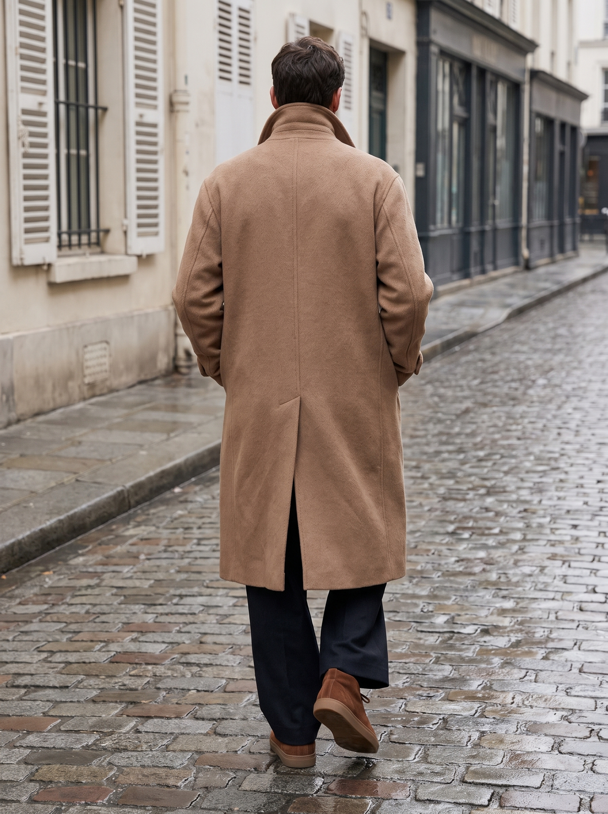 Stresa long coat in Camel seen from behind, showing length and back vent