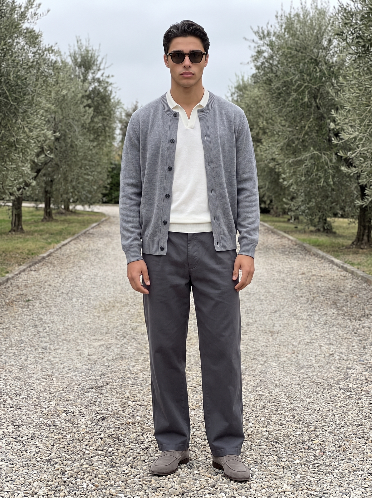 Asolo knit cardigan in Marble Grey, worn on a gravel drive between olive trees