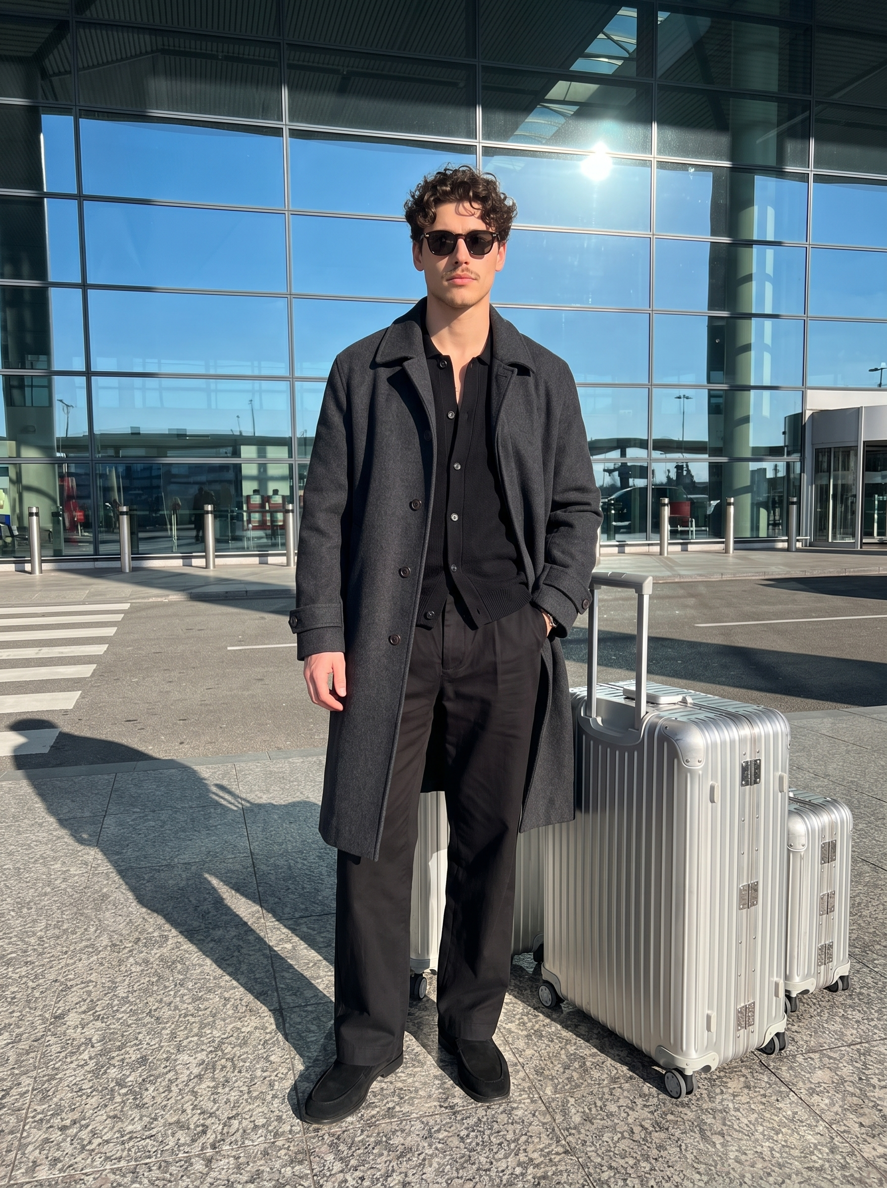 Stresa long coat in Dark Grey, worn on an airport forecourt