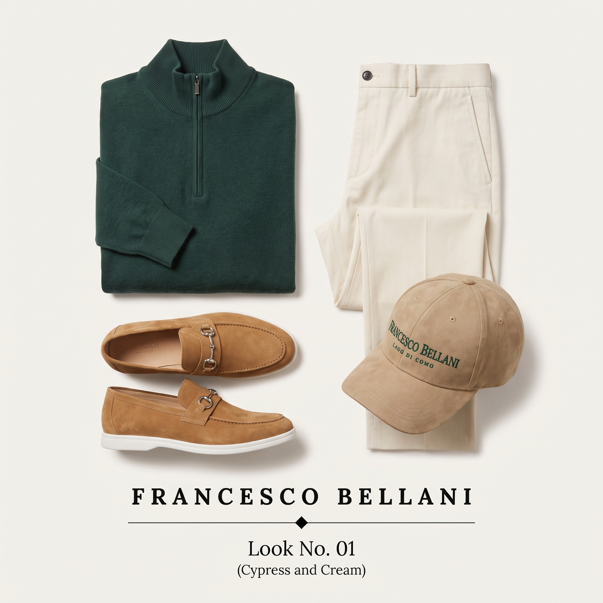 Look No. 01 Cypress and Cream flat lay: cypress green quarter-zip, cream trousers, camel suede loafers and khaki cap