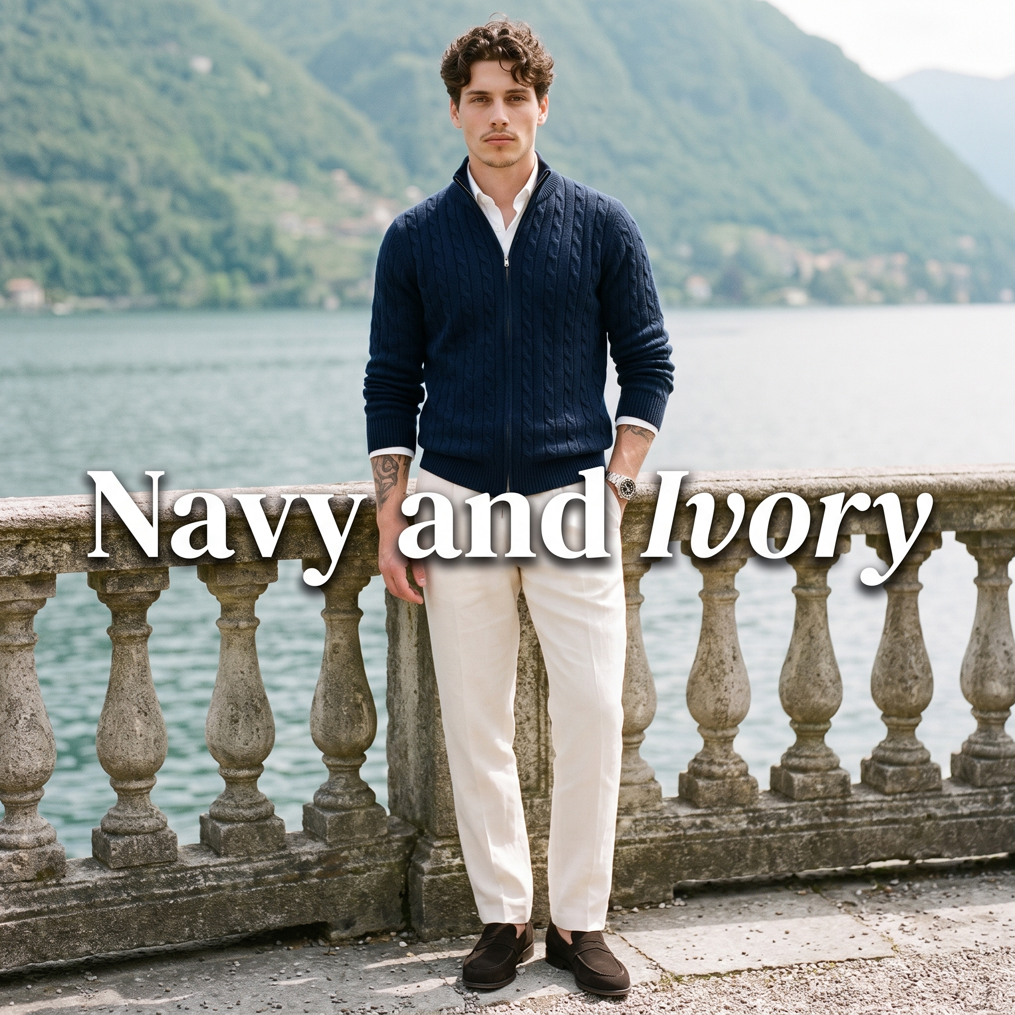 Look No. 03 worn: navy cable-knit zip with ivory linen trousers beside a lakeside balustrade