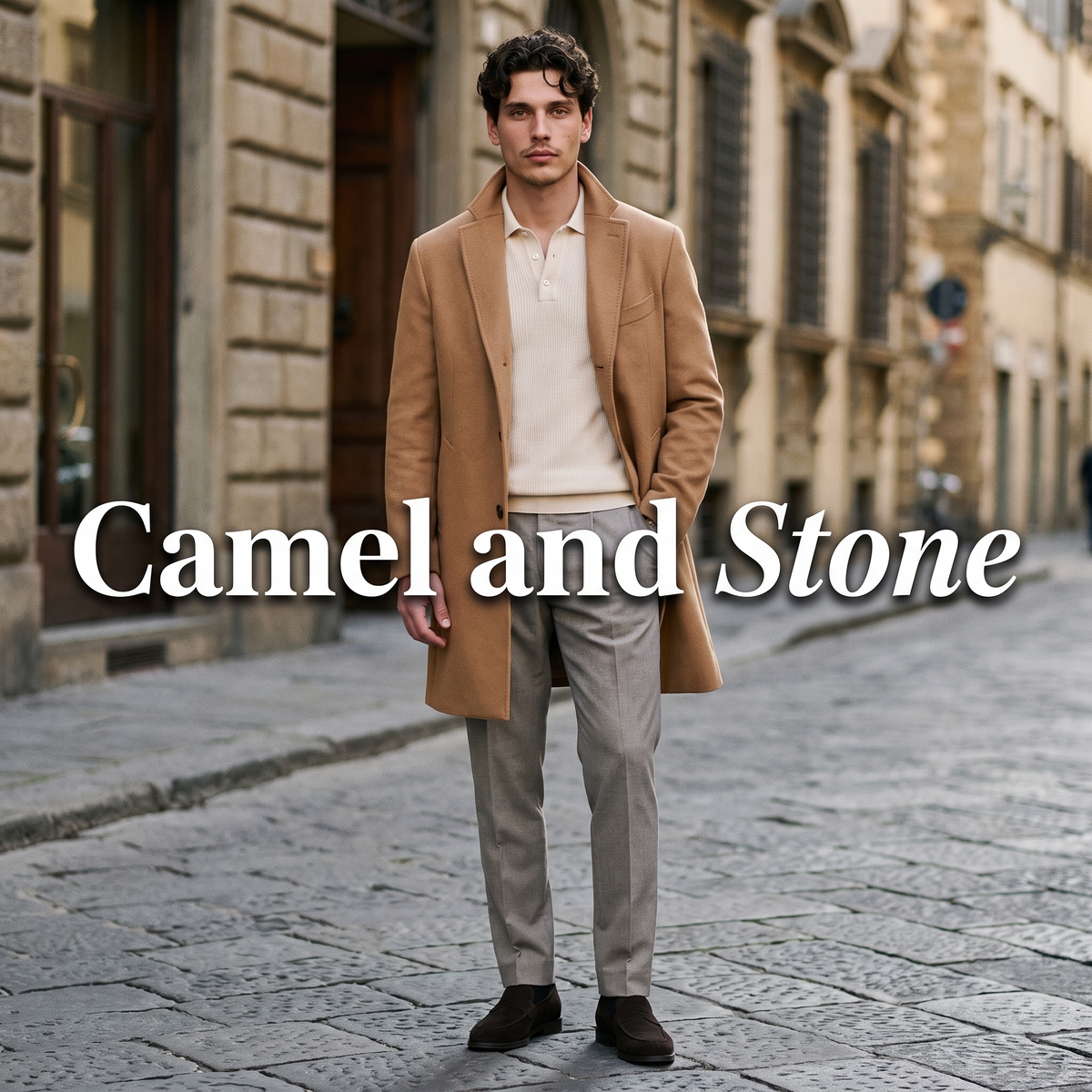Look No. 02 worn: camel wool coat over ivory polo with stone trousers on a cobbled street