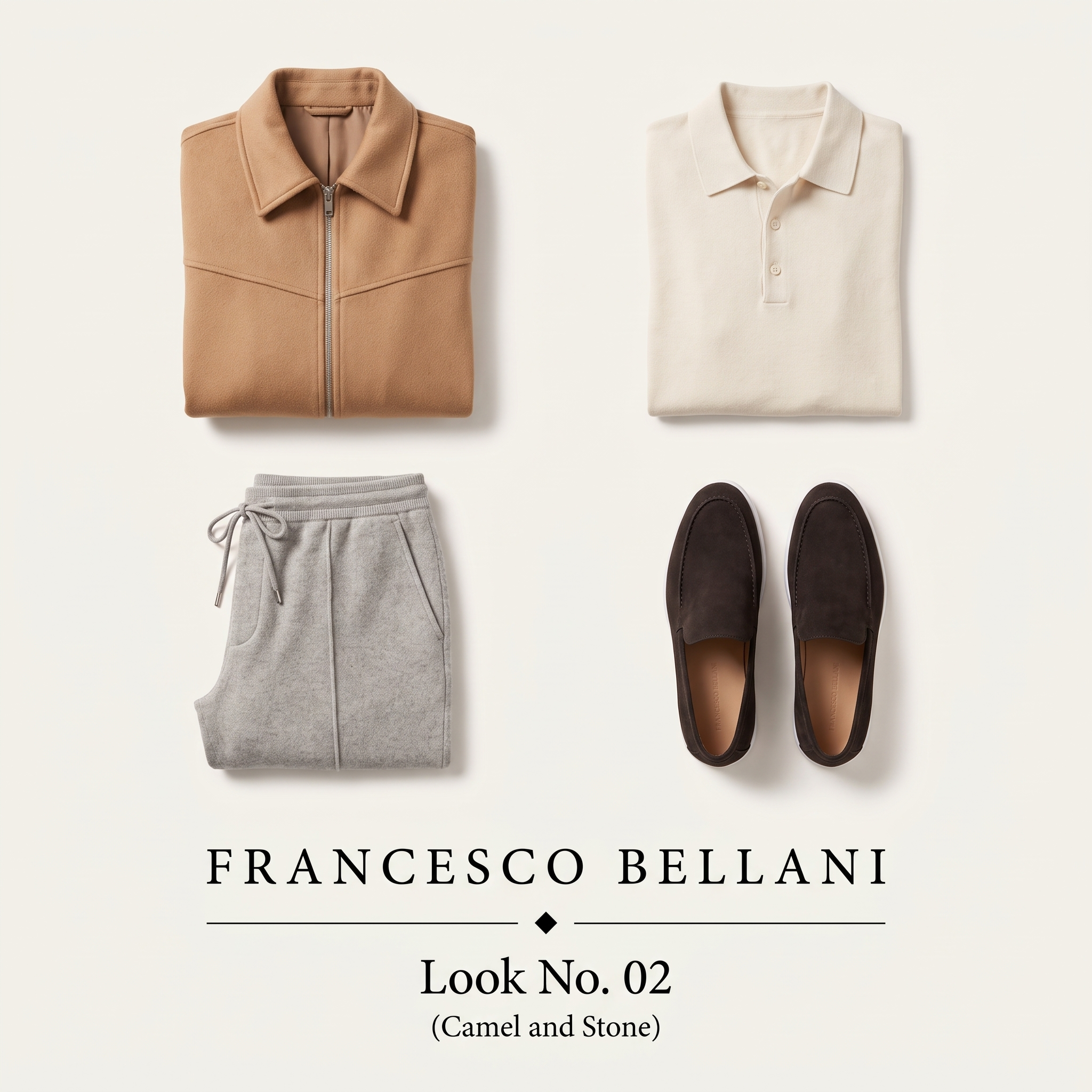 Look No. 02 Camel and Stone flat lay: camel wool coat, ivory polo, stone knit trousers and ebony brown suede loafers